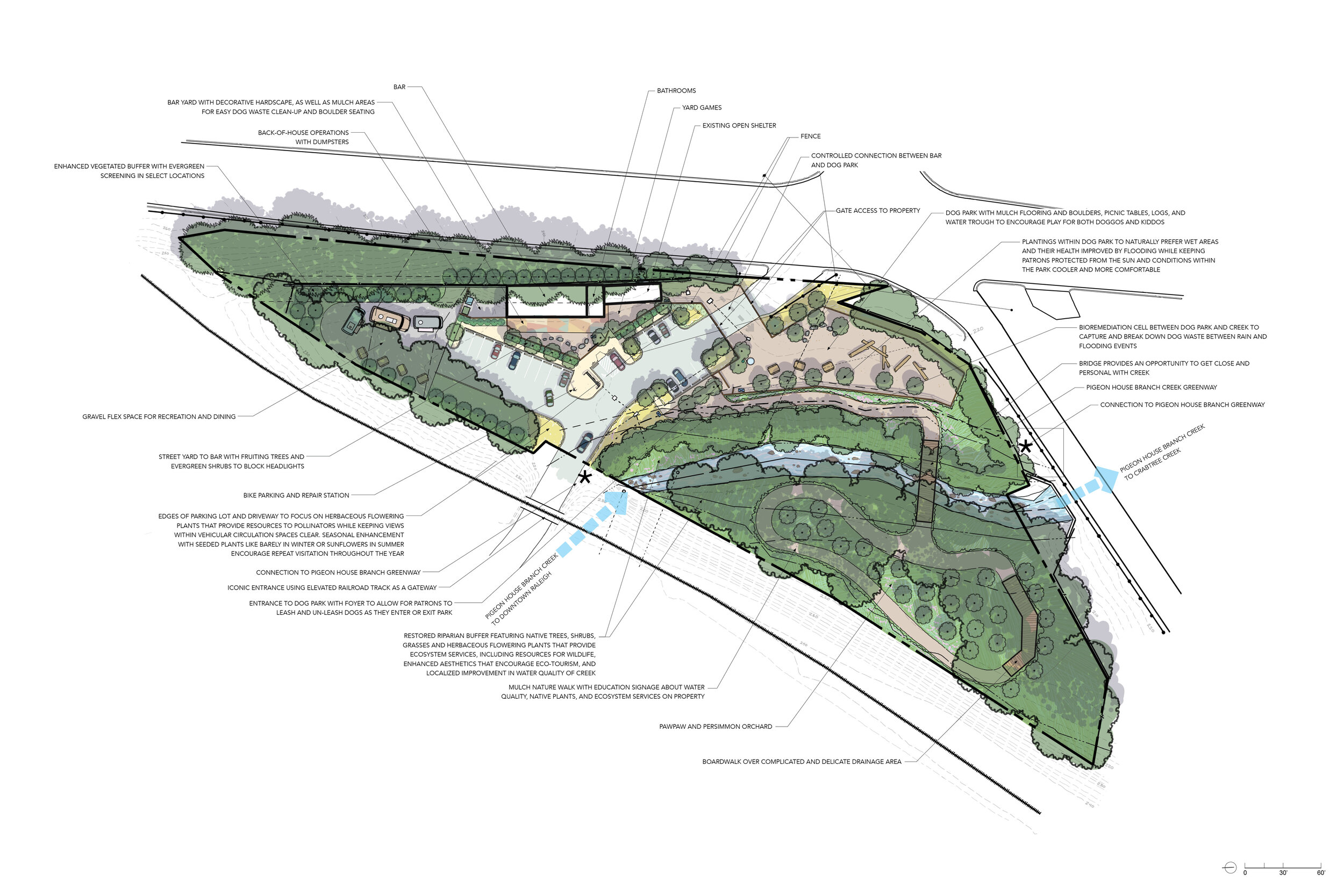  Schematic design for use in marketing the dog park and instigating interest in daylighting Pigeon House Branch Creek for the purposes of eco-tourism in downtown Raleigh, NC.  