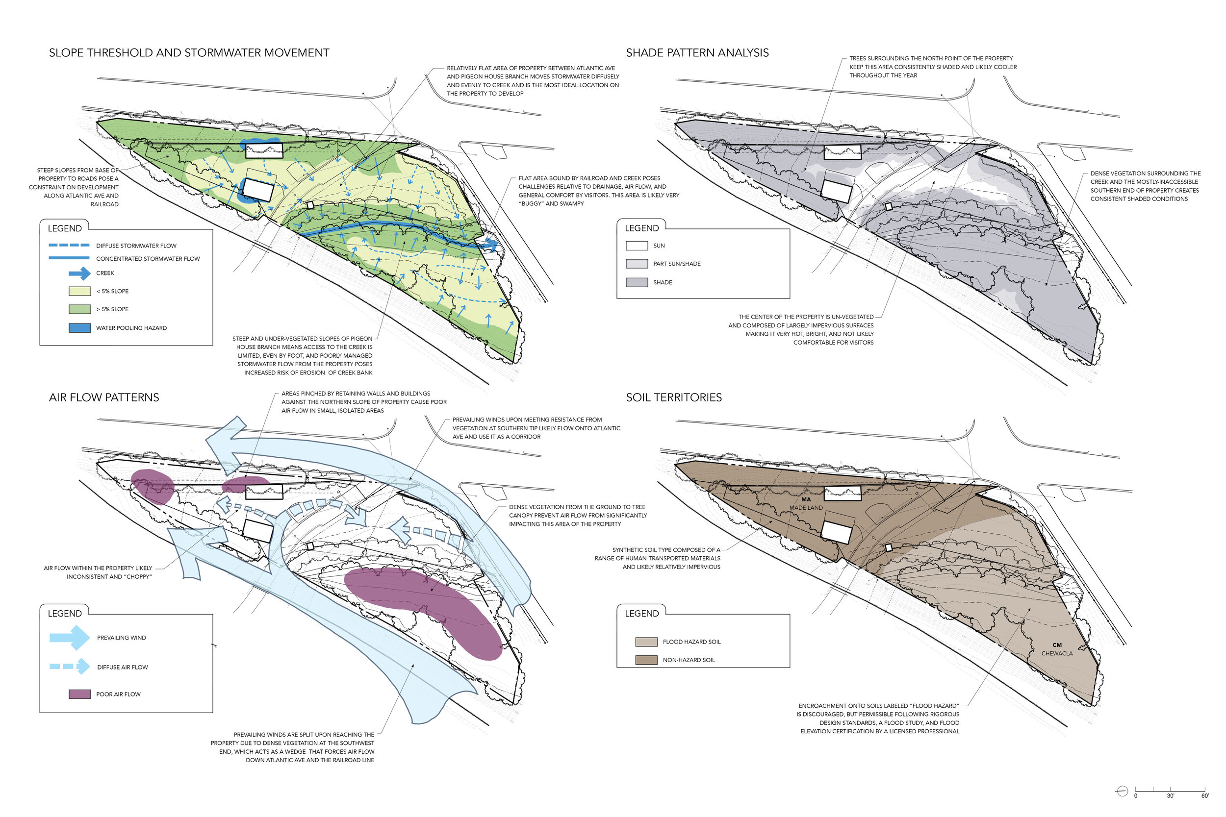  Environmental analyses exploring the relationship of solar and wind energy, stormwater movement, soils and topography on site. 