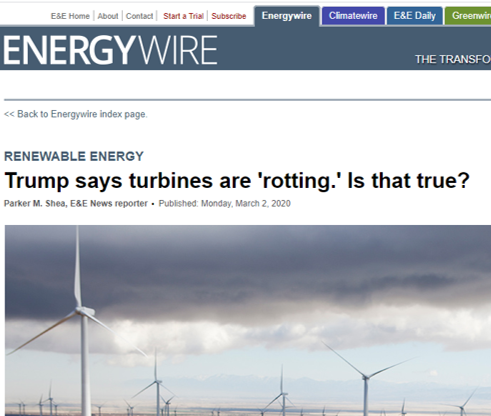 "Trump says turbines are 'rotting.' Is that true?"  ENERGYWISE article by Parker Shea quotes Re-Wind PI Lawrence Bank