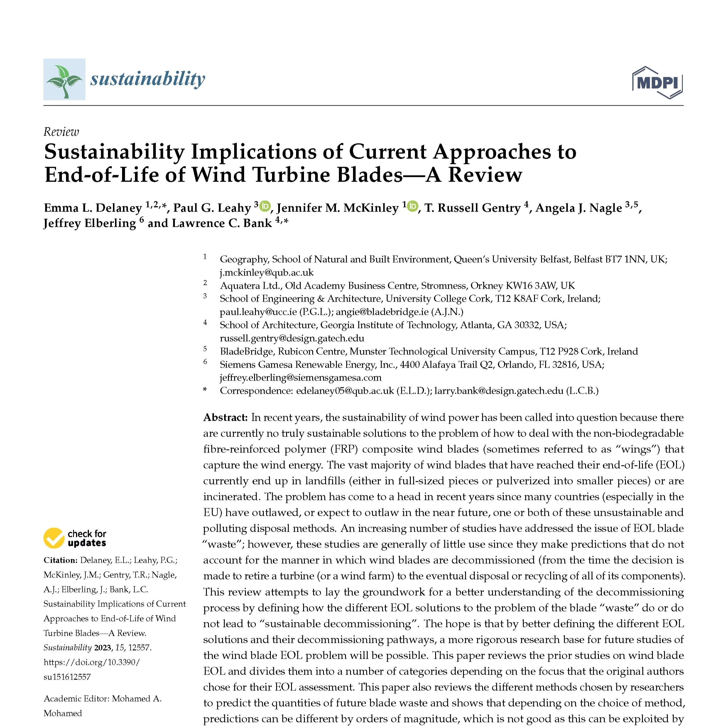 Re-Wind publishes paper on Sustainability Implications of Blade EOL Approaches