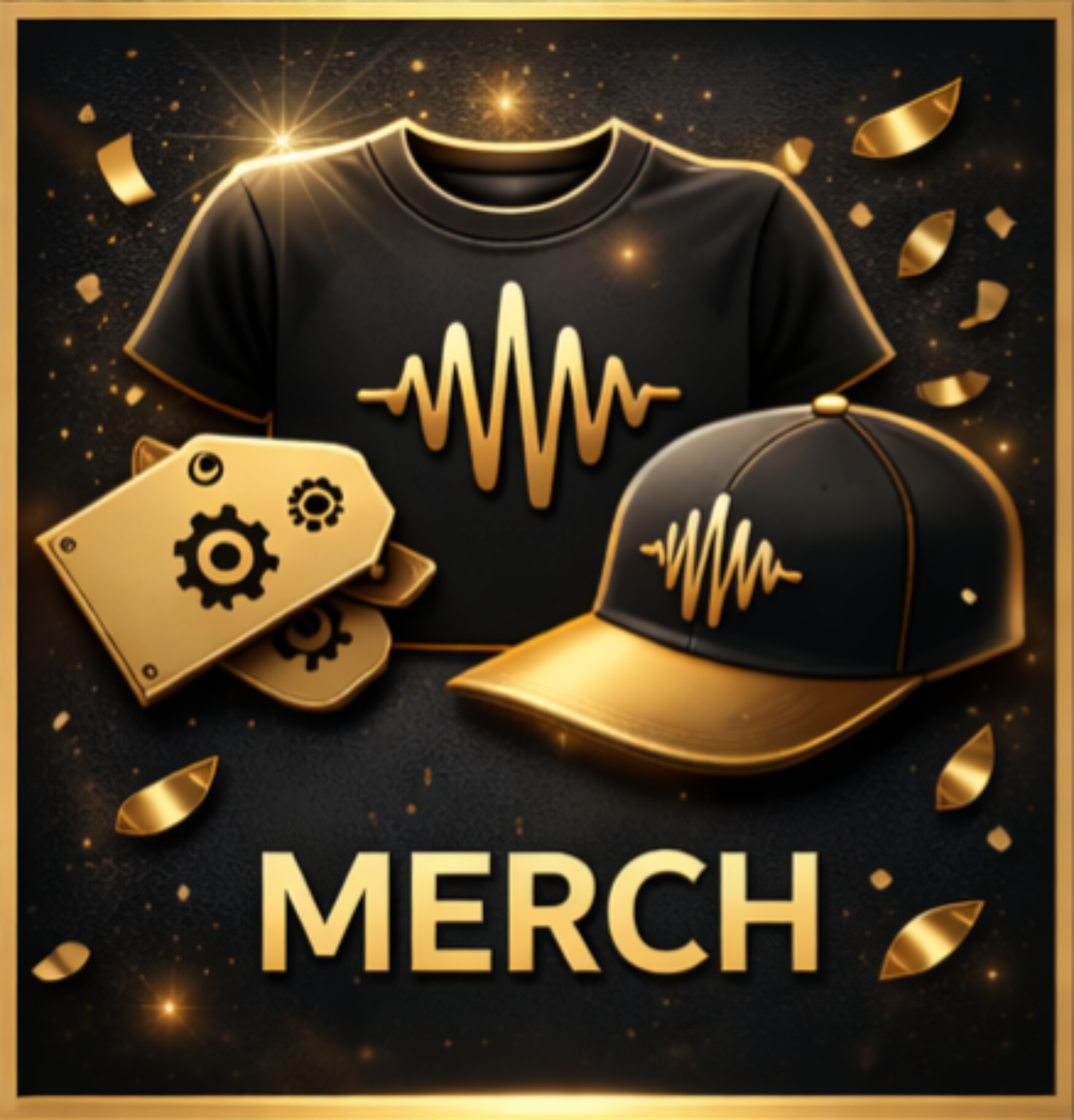 Black merchandise items with a gold and black design, including a T-shirt, a cap, and two price tags, all featuring a pulse wave graphic. Gold accents and confetti surround the items, with the word "MERCH" in gold at the bottom.