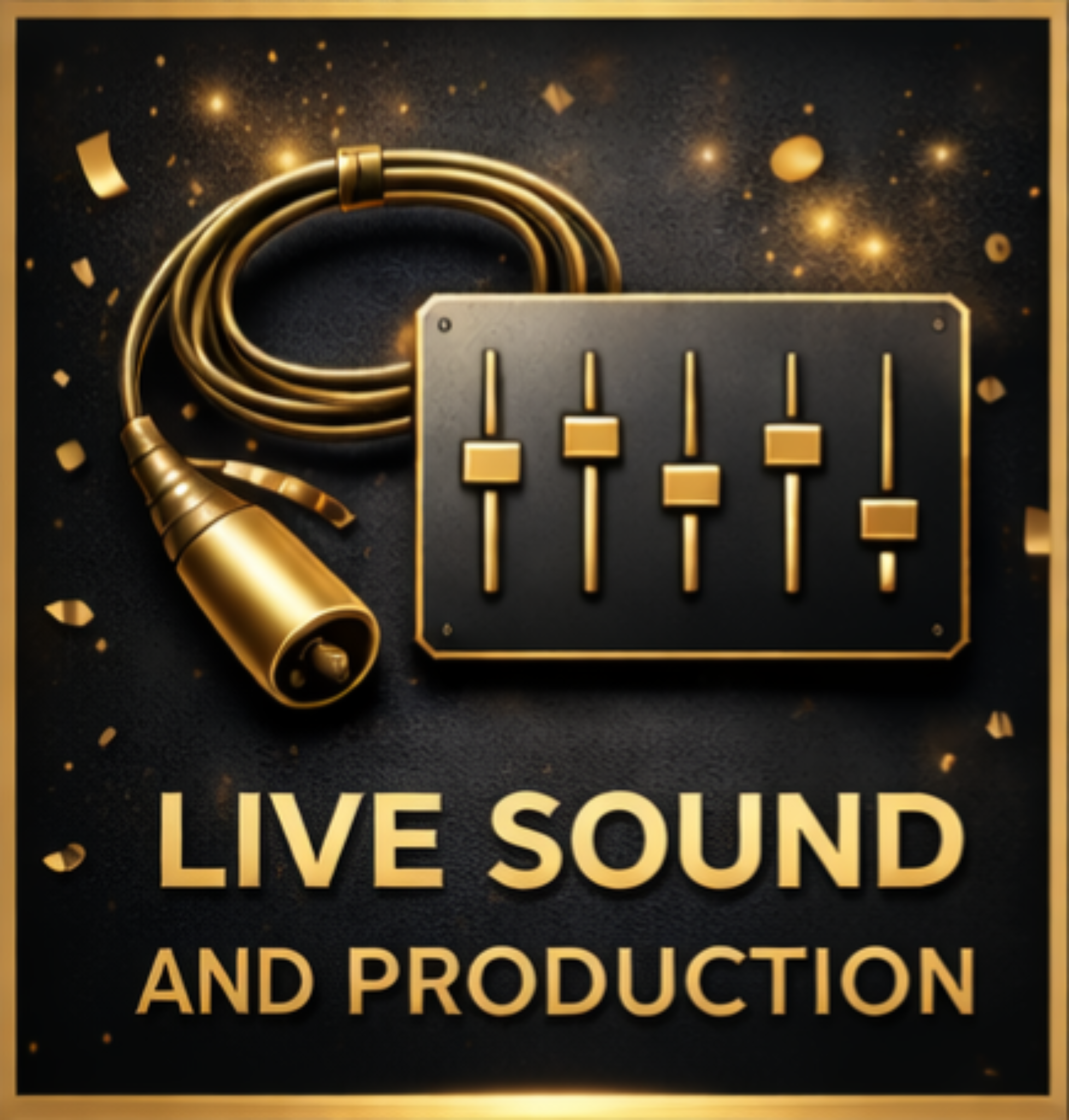 A gold and black promotional graphic featuring a microphone, a mixing panel with sliders, and the text 'Live Sound and Production'.