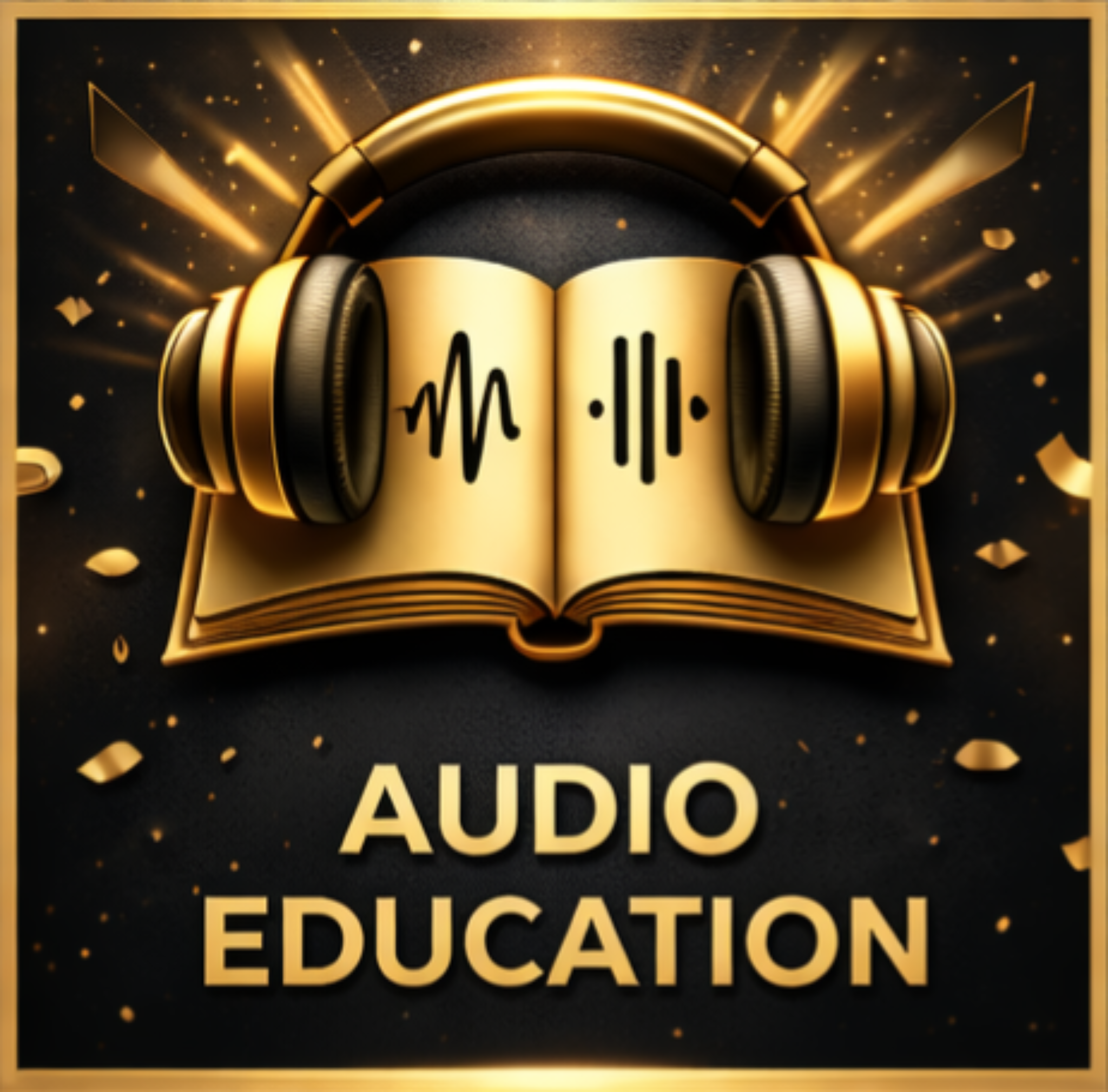 A digital graphic with a black background featuring a golden open book with audio waveforms on its pages, overlaid with a golden pair of headphones. The text 'AUDIO EDUCATION' appears below the book in large golden letters.