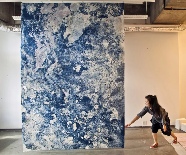 Hong Hong, Blue Avalanche , 32” x 84”, kozo, sun, dust, pollen, water, repurposed paper, fiber-reactive dyes, 2014.