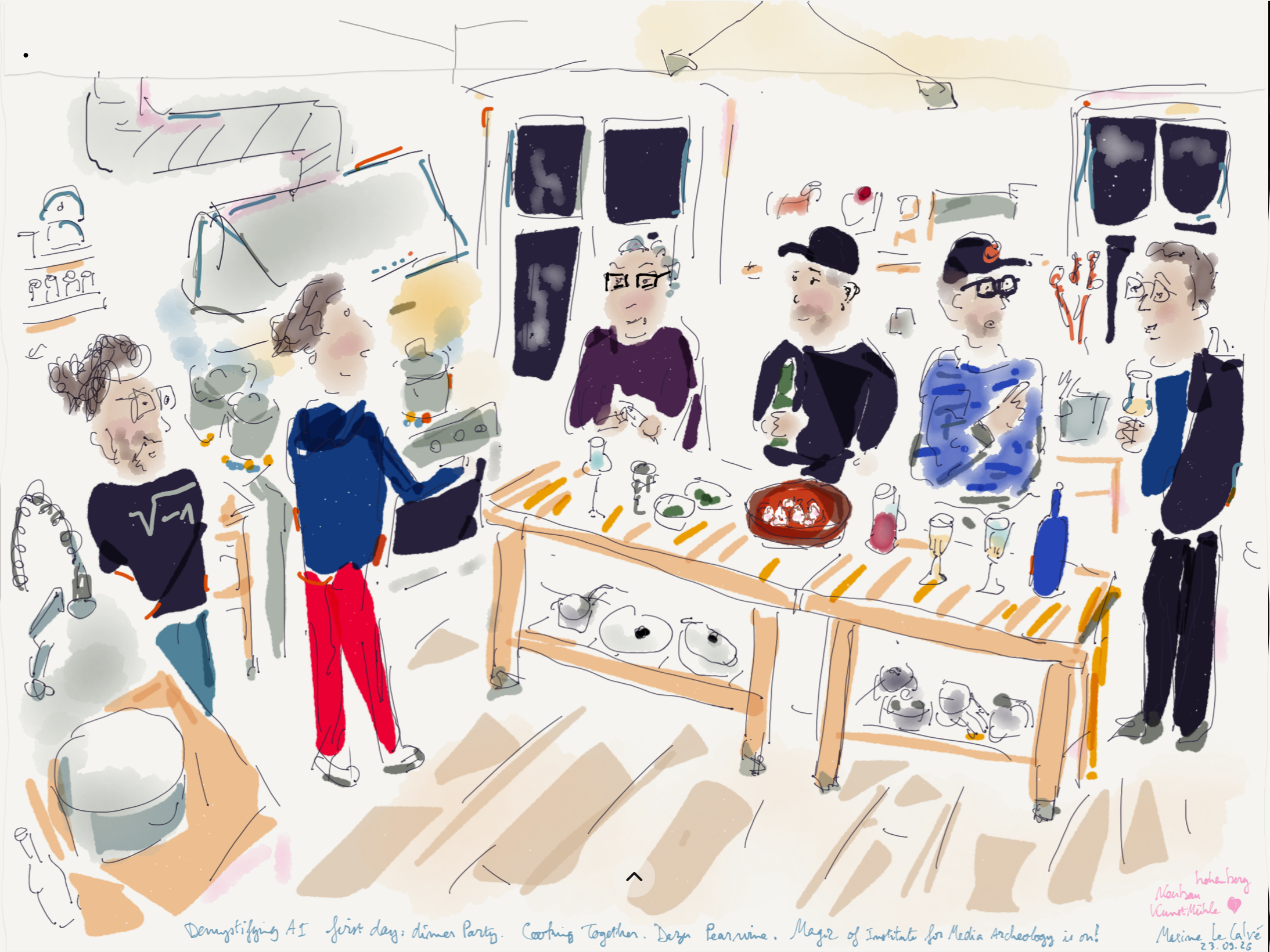 Live drawing: Institute of Media Archaeology participants cooking together and sharing pear wine at the first-evening dinner, Hohenberg, 23 September 2026
