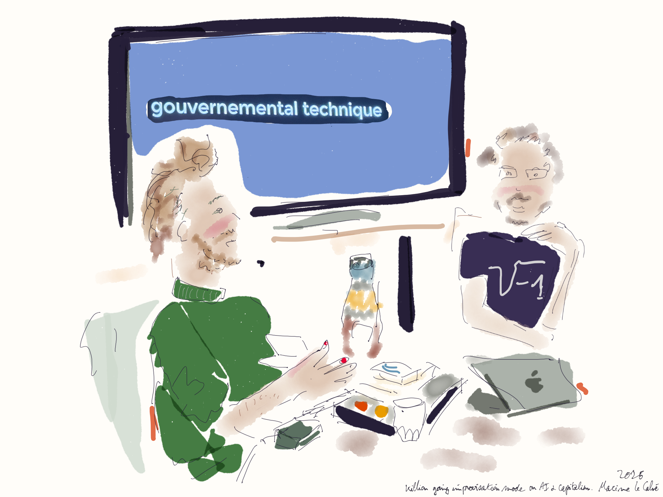 Live drawing: Kilian Jörg improvising on AI and capitalism in front of a screen reading “gouvernemental technique”
