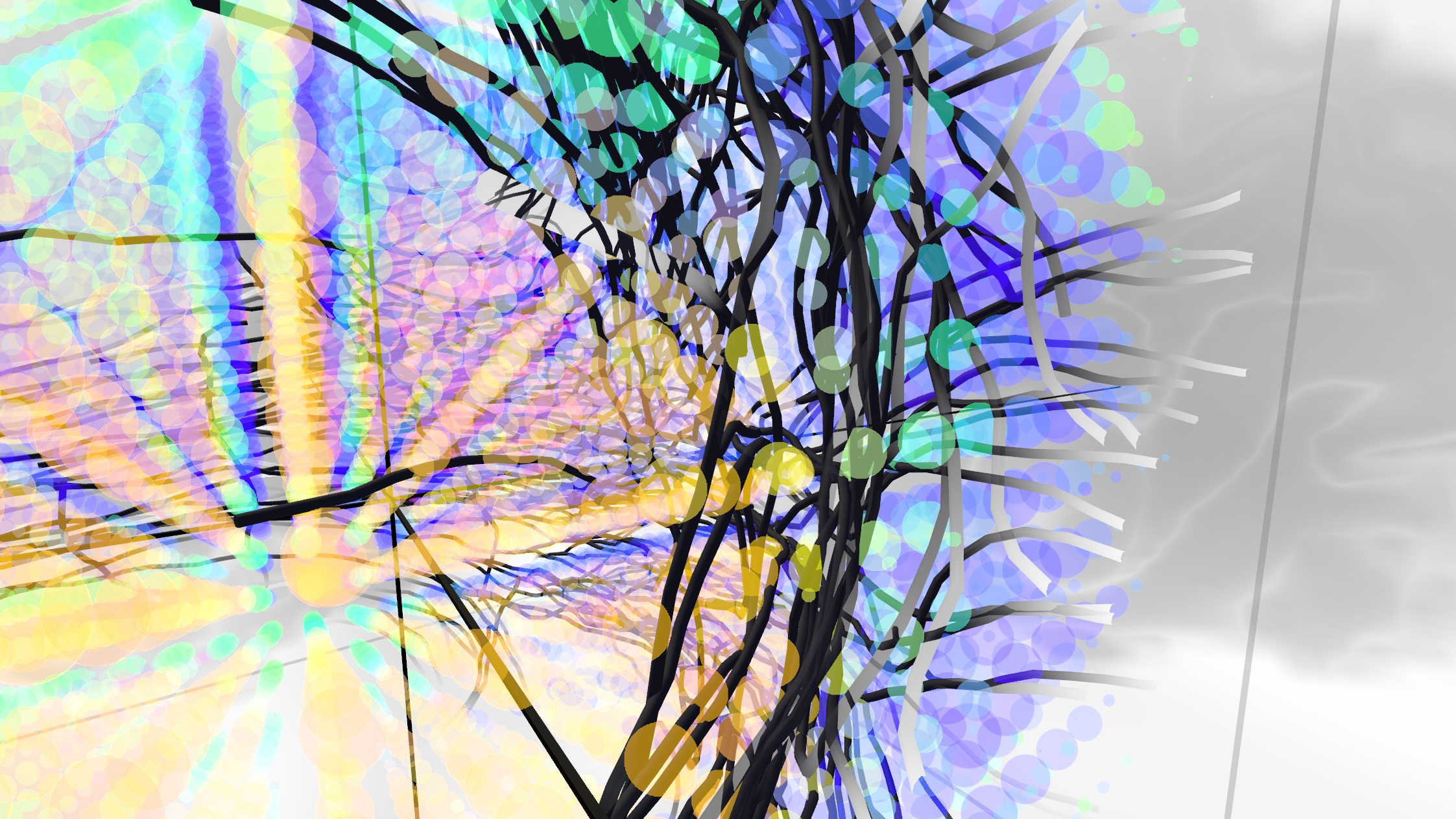 image of brain visualisation prototype showing streamlines and voxels in iridescent colors.