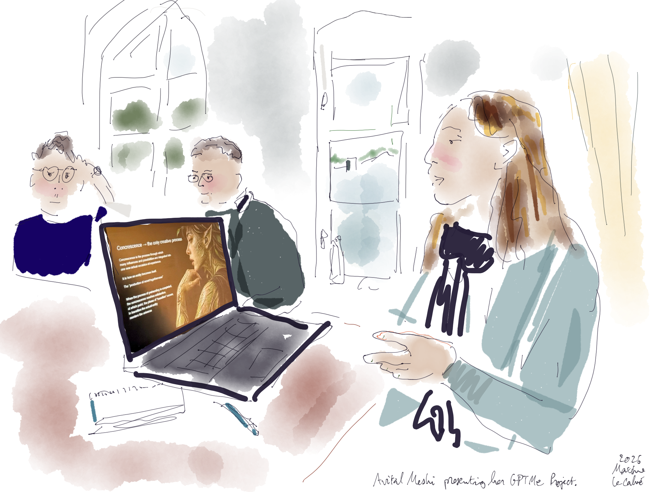 Live drawing: Avital Meshi presenting her GPTMe project from a laptop