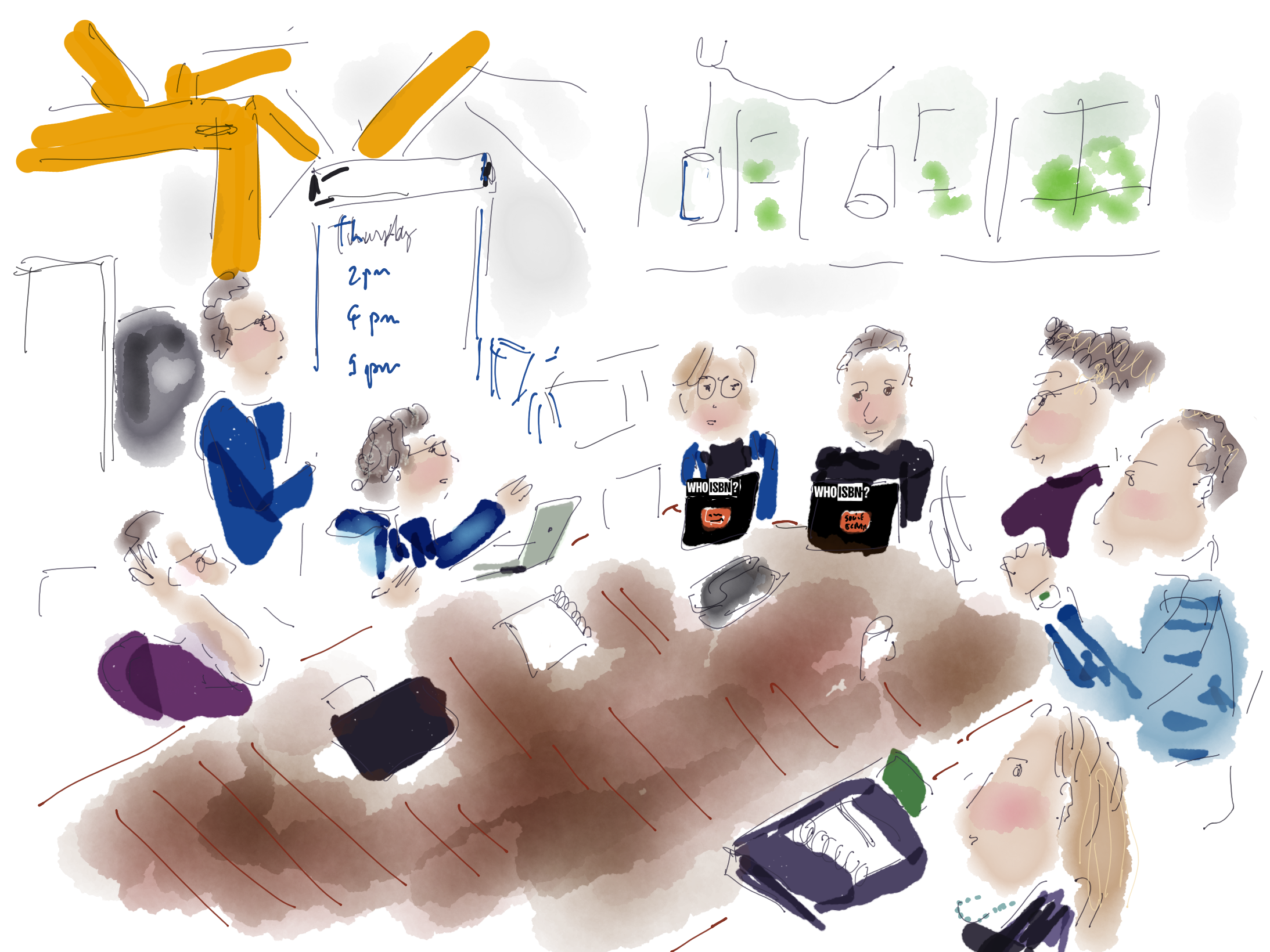 Live drawing by Maxime Le Calvé: whitebox ai participants around a long table with laptops and a flipchart schedule, Neuhauser Kunstmühle, Hohenberg