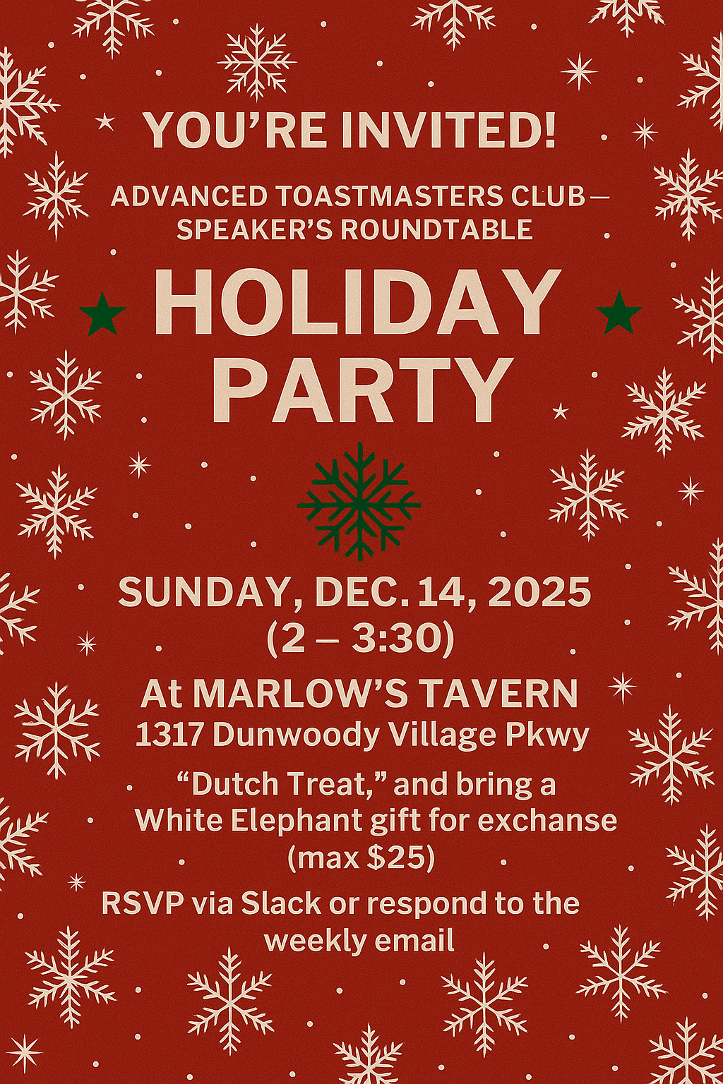 Winter Holiday Party: Advanced Toastmasters Club – Speaker's Roundtable