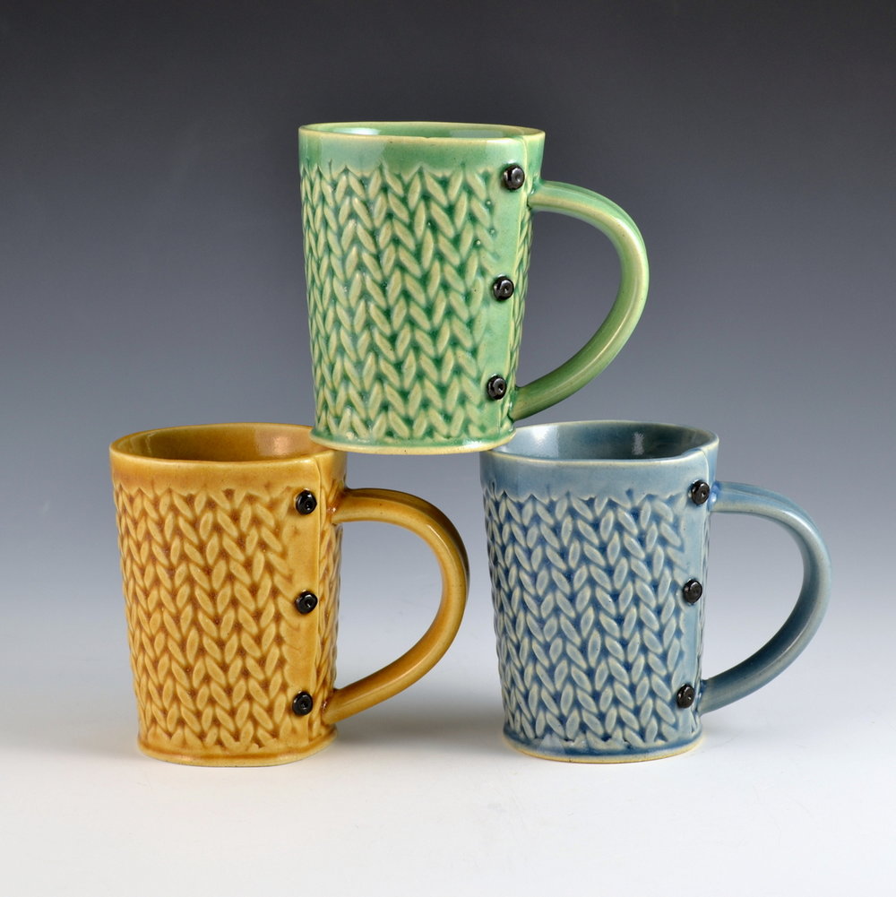 Medium Tea Cup Mug Knitted Pattern, tea cup, tea mug, Buttons MADE TO ORDER  — Creative with clay