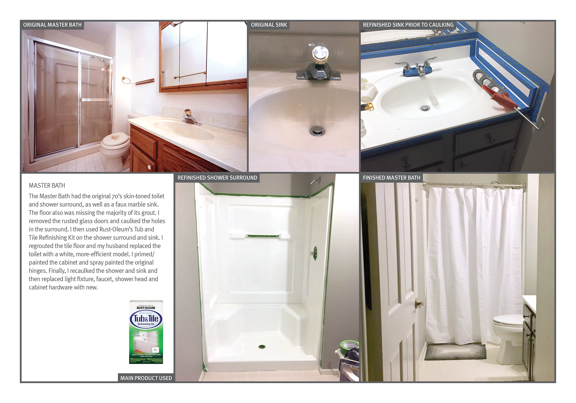  MASTER BATH: The Master Bath had the original 70’s skin-toned toilet and shower surround, as well as a faux marble sink. The floor also was missing the majority of its grout. I removed the rusted glass doors and caulked the holes in the surround. I 