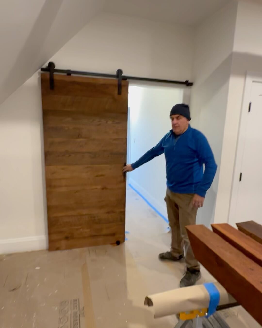 Jeremy jn Swamscott, MA is having the upstairs of his family home renovated and the family wanted this rustic, waxed horizontal design barn door in the new space.

His builder is Wolfe Design Build LLC from Swampscott and they have done a fabulous jo