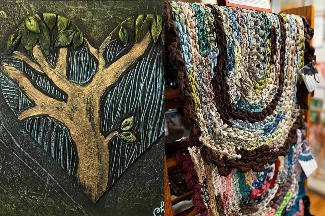 Heart Multi-Media Artwork (left) and Crochet Rug (right) by Cherylee Duncan