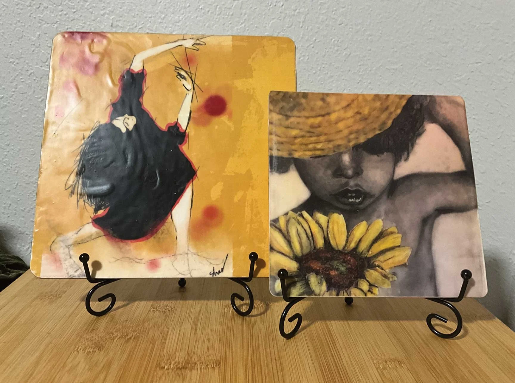 8x8" and 6x6" mounted art prints sealed with encaustic wax and displayed on mini easels.