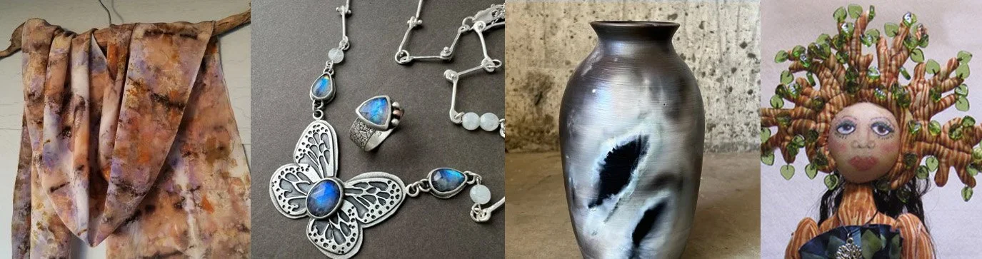 Artwork from left to right: Scarf by Nan Drye, Jewelry by Amber Wyckoff, Pottery by Michelle Schneider, Doll by Denise Roberson