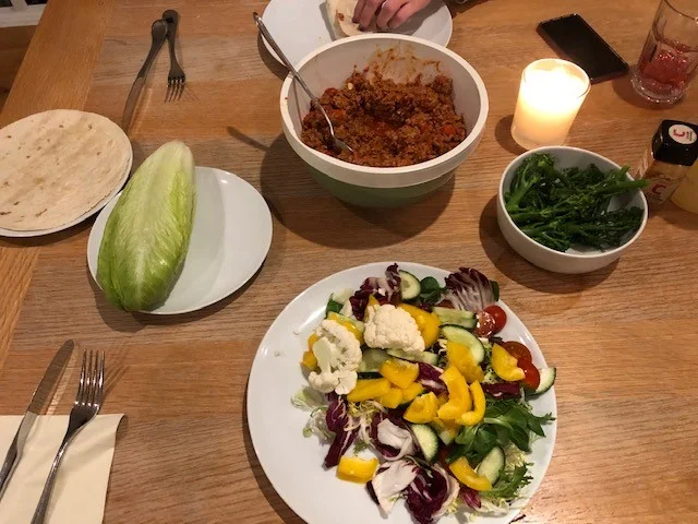 Catherine brought out an all-American dish - Sloppy Joes - with a low carb twist for me by using romaine lettuce instead of wraps