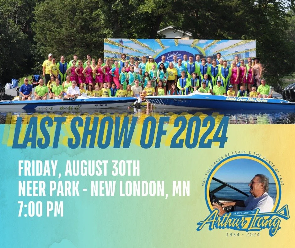 LAST SHOW OF 2024 - FRIDAY, AUGUST 30th!

We've had a blast performing for you in Neer Park, New London on the beautiful Crow River this season. We're so thankful to our fans for coming out and cheering us on all summer long! 

Join us one last time 