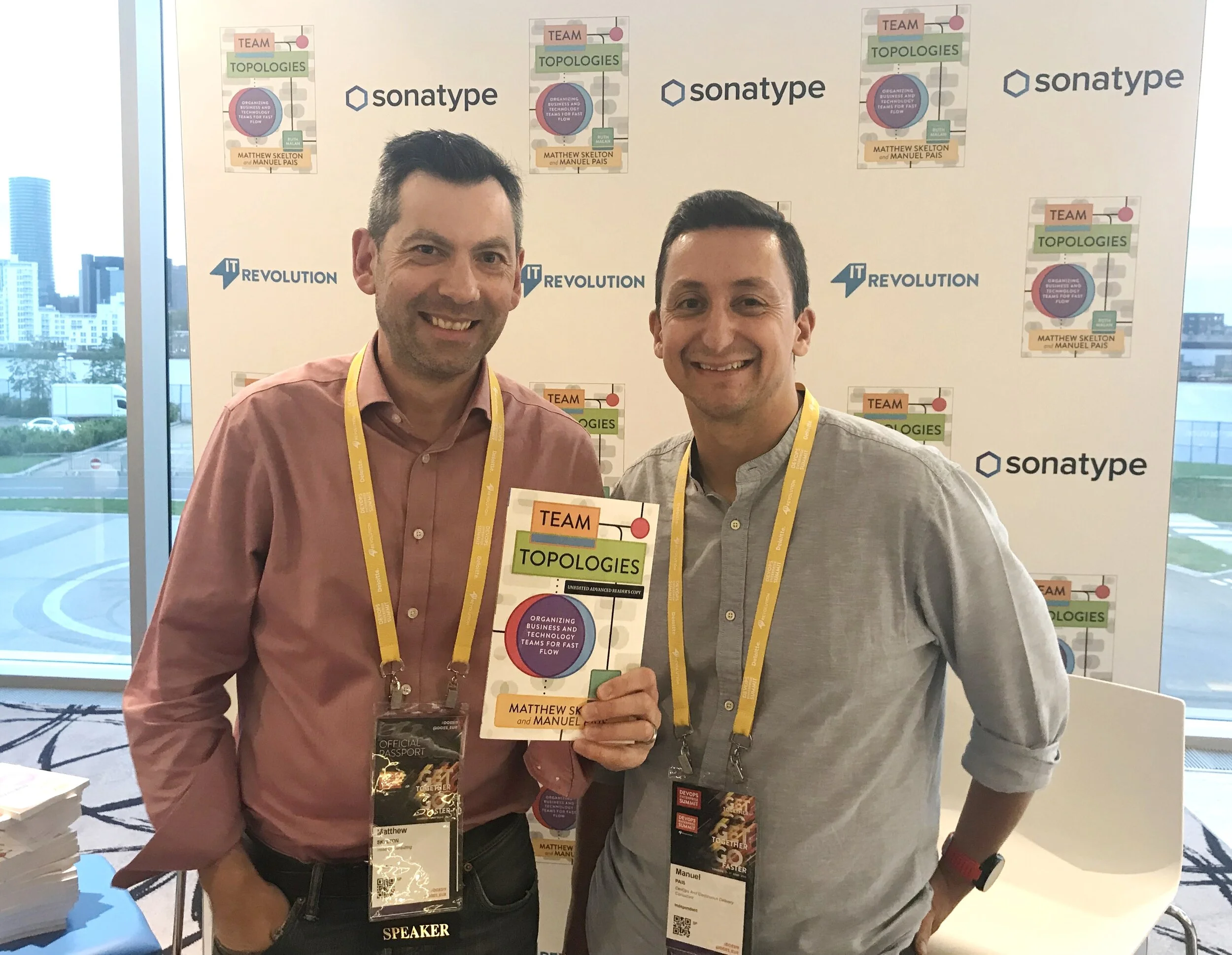 The authors Matthew Skelton (left) and Manuel Pais at DOES EUR 2019. Photo by Rob Falla