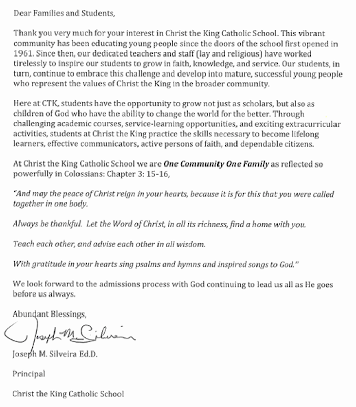 Welcome Letter — CTK School