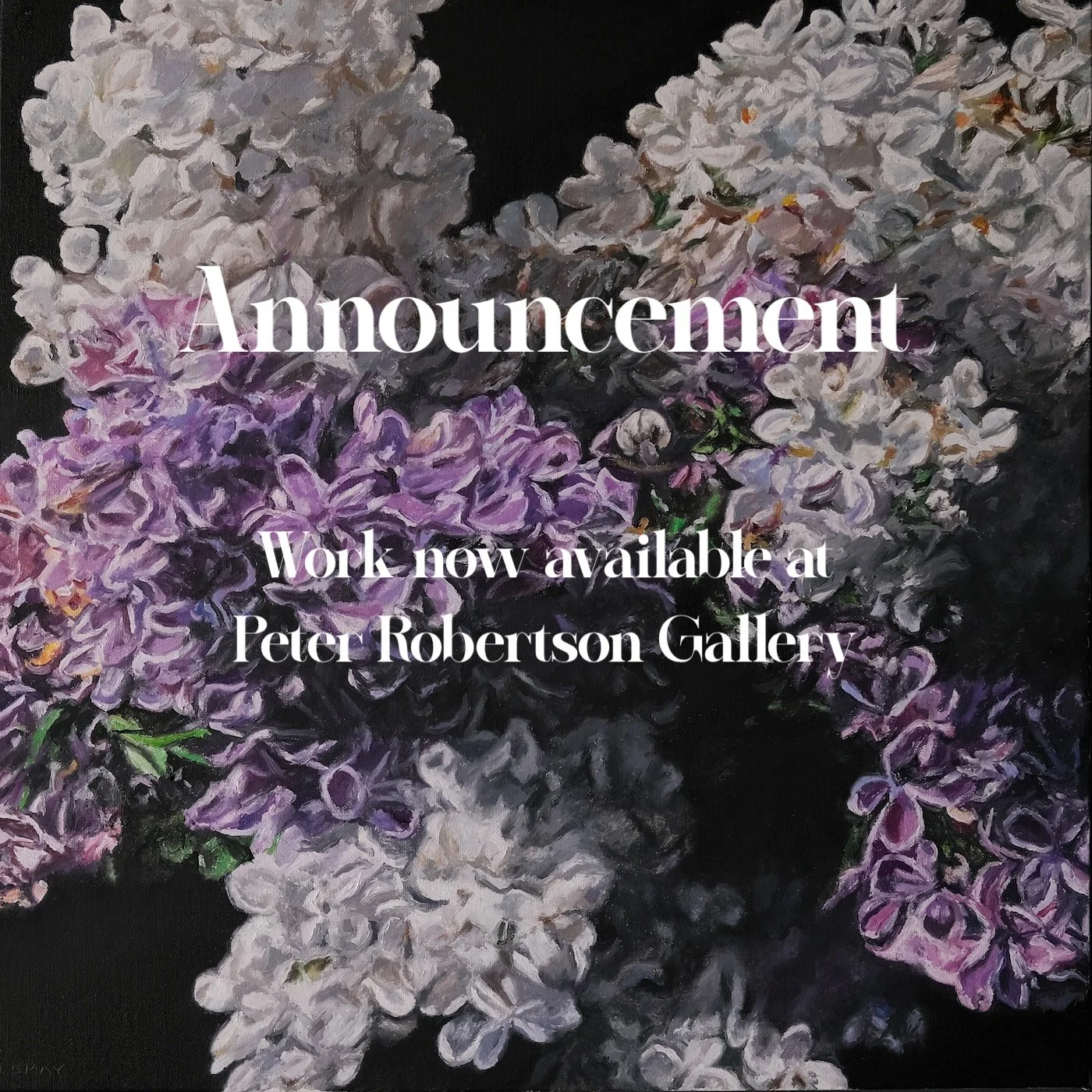Lilac oil painting by Robert Lemay overlayed with text announcing work available at Peter Robertson Gallery