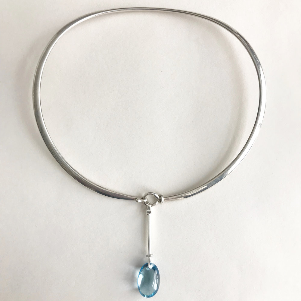 Georg Jensen Sterling Silver Neckring No. 410 and "Dewdrop" Pendant With Blue Topaz
