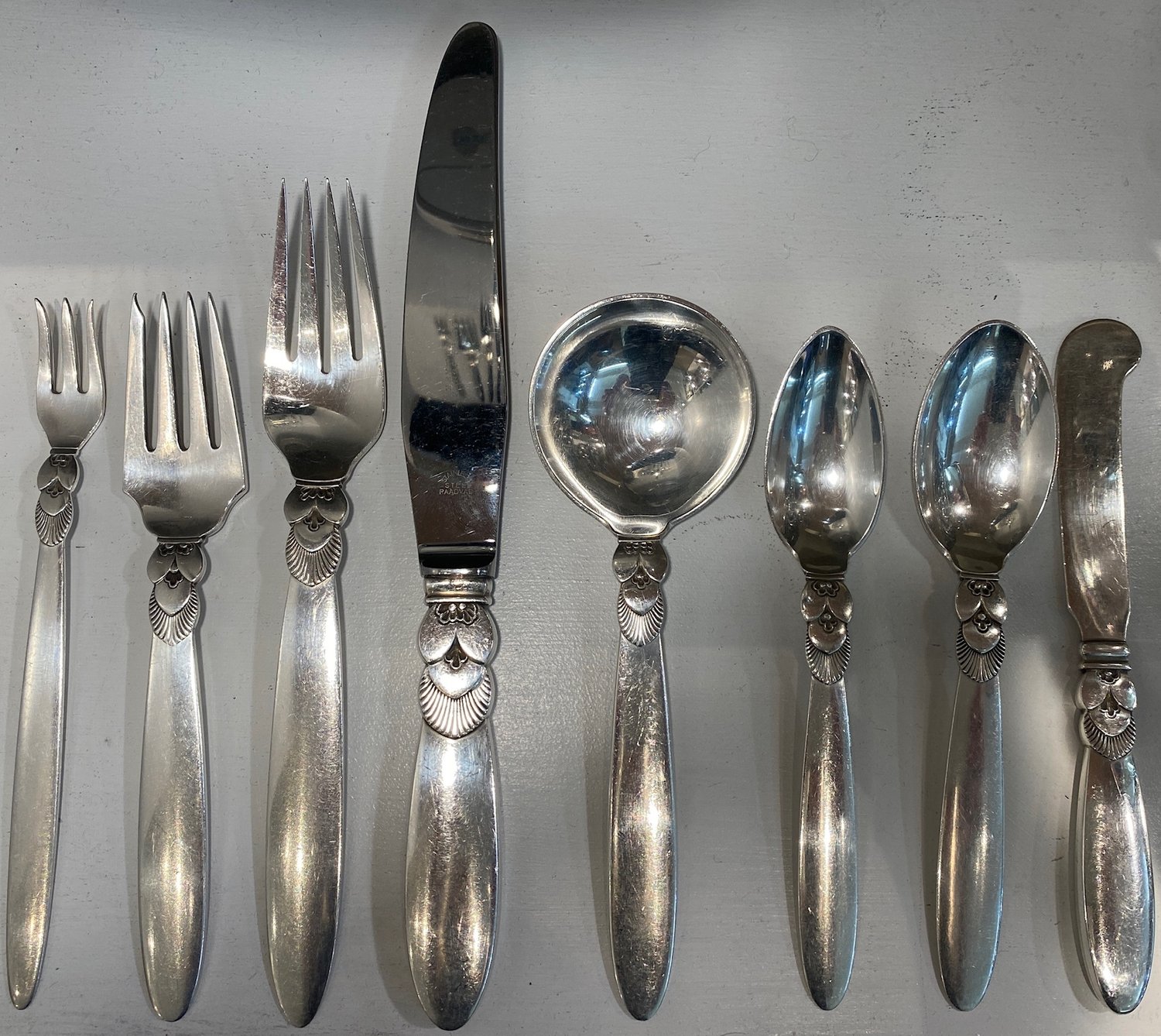 100 pc set of Georg Jensen Sterling Silver Flatware in the Cactus Pattern  with Serving Pieces - Gallery925