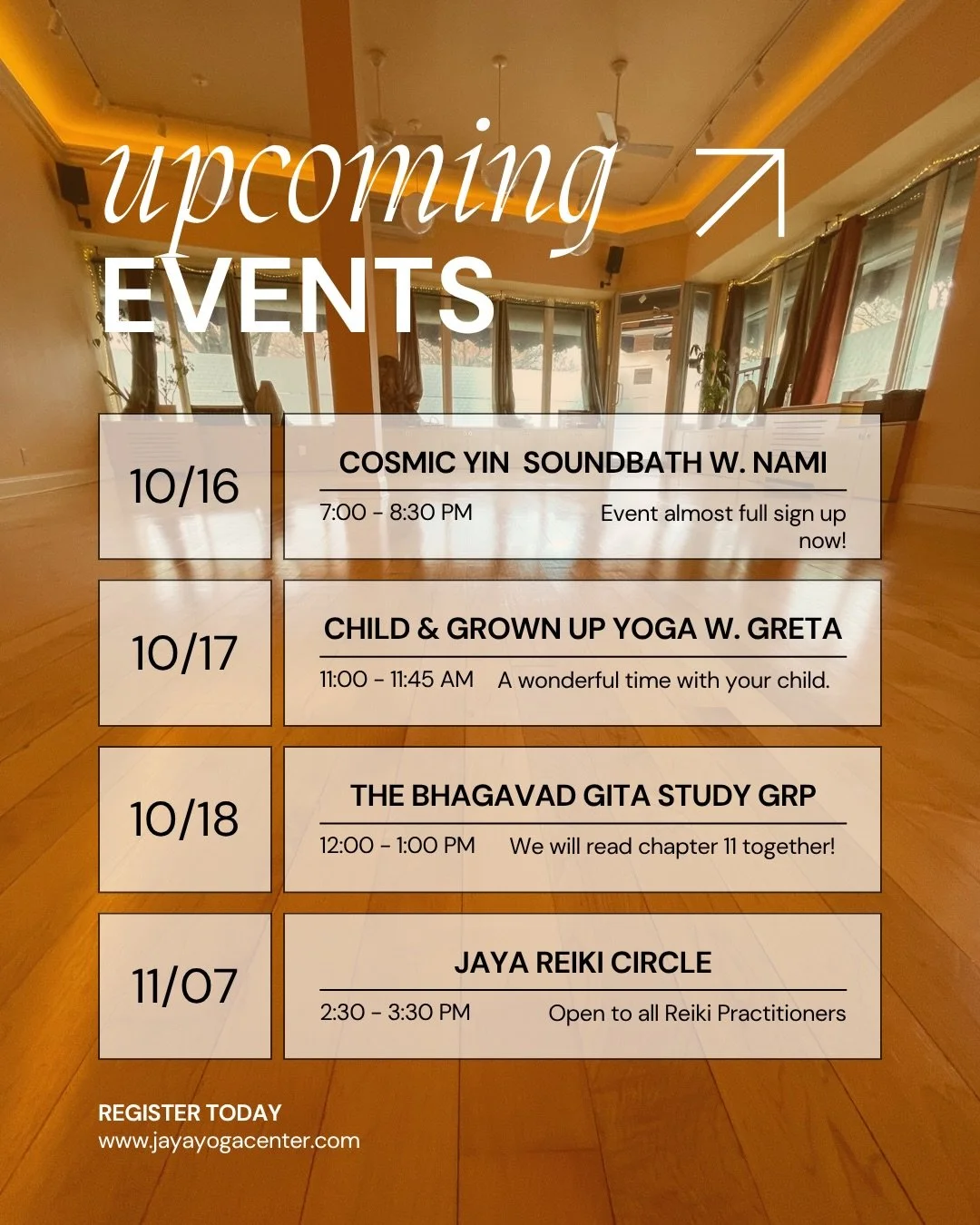 It's Thursday more classes on the docket for today including with Teri and Laura! 

Some special events this weekend and keep moving through the slides to see ...

recommendations for supine and seated meditation... 

our weekly meditation schedule .