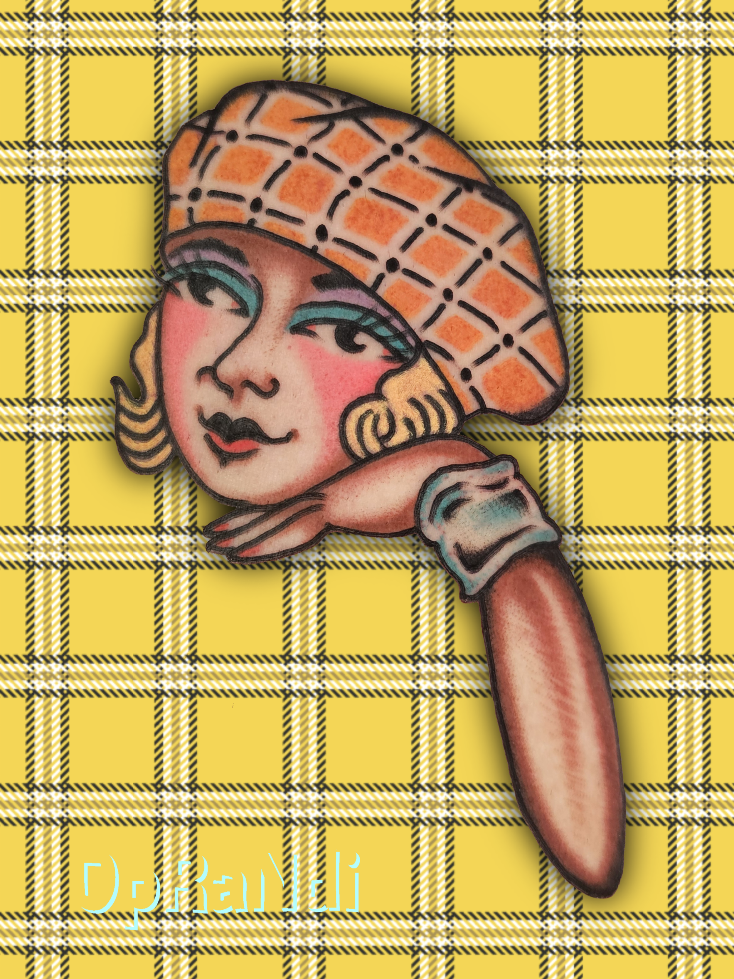  Tattoo of Clueless inspired girl head with yellow plaid beret and hand/arm under chin.  