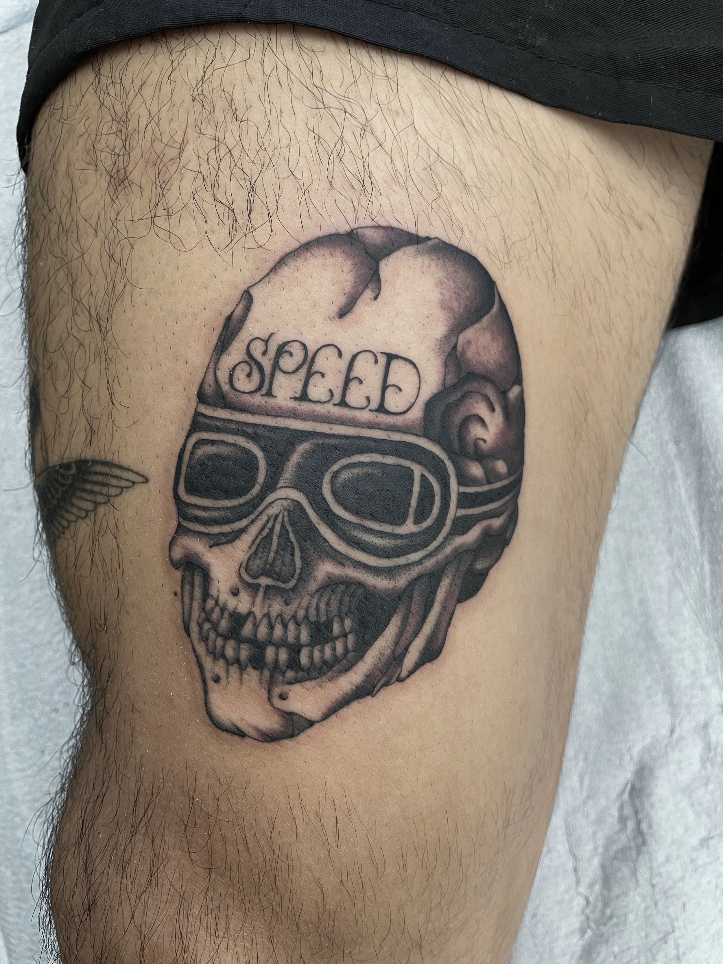 Black and grey skull with googles and word SPEED on forehead