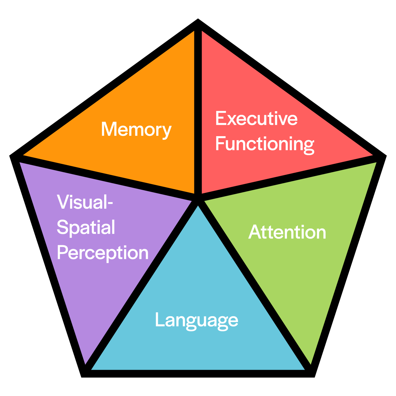 Pentagon diagram listing the five cognitive domains: executive functioning, attention, language, visual-spacial perception, and memory.