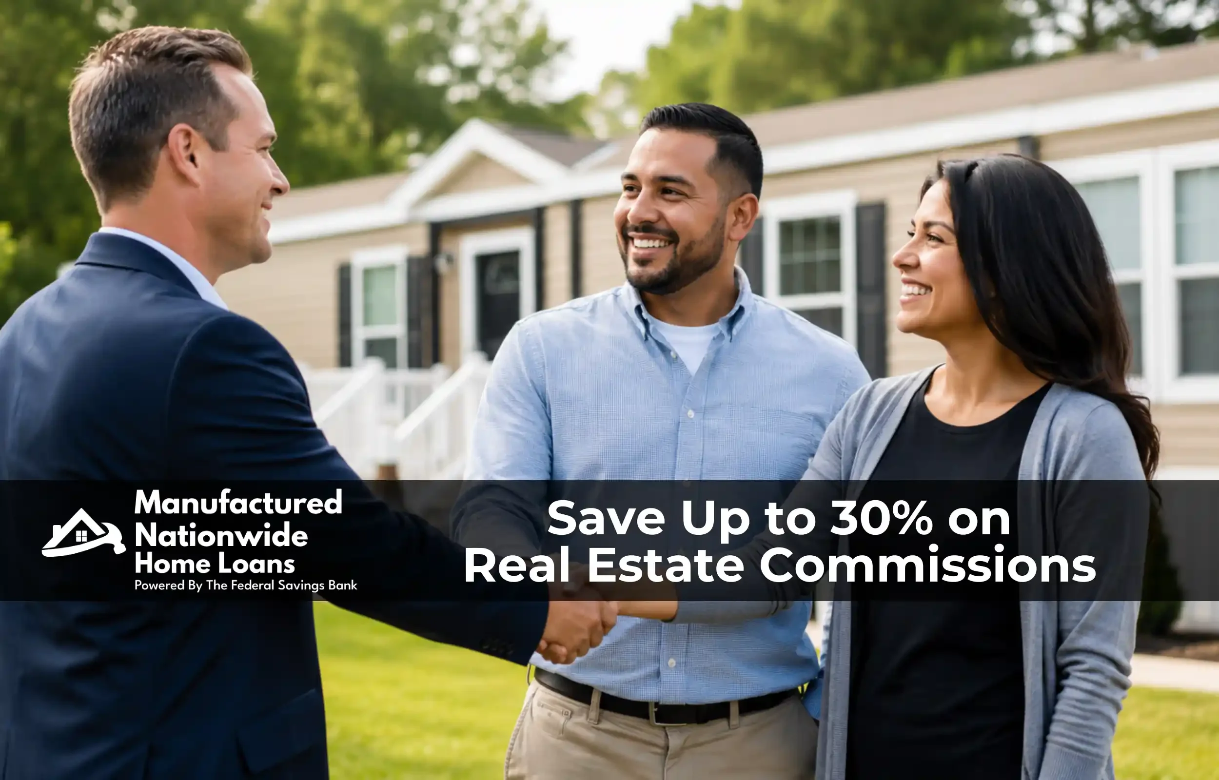 A real estate agent congratulating veteran homebuyers at their manufactured home, representing the up-to-30% real estate commission savings program from ManufacturedNationwide.com