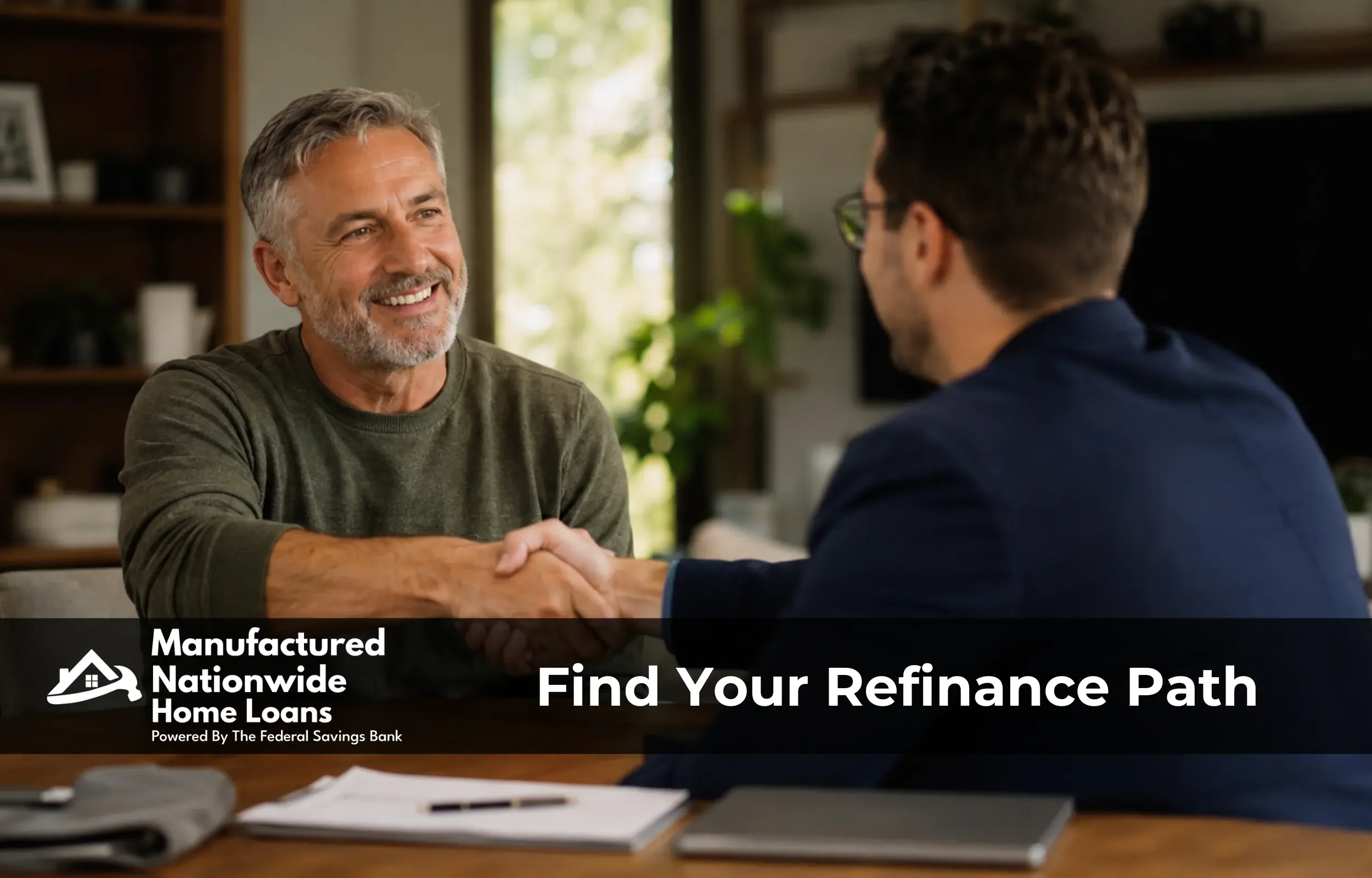 A veteran finalizing a cash-out refinance with an in-house banker, representing the VA cash-out process with Manufactured Nationwide Home Loans.