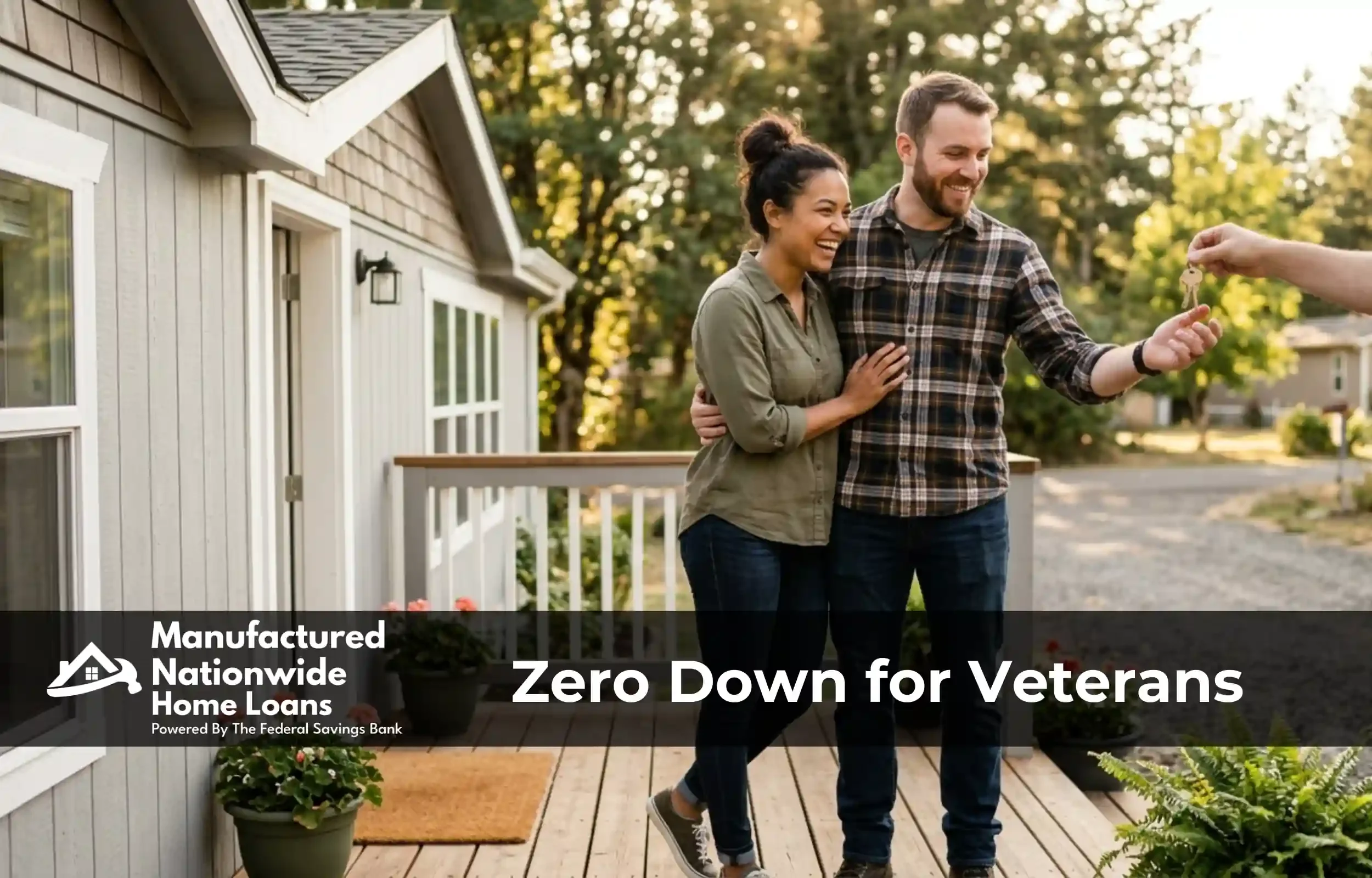 A veteran couple receiving keys to their new manufactured home, representing zero-down VA financing from ManufacturedNationwide.com
