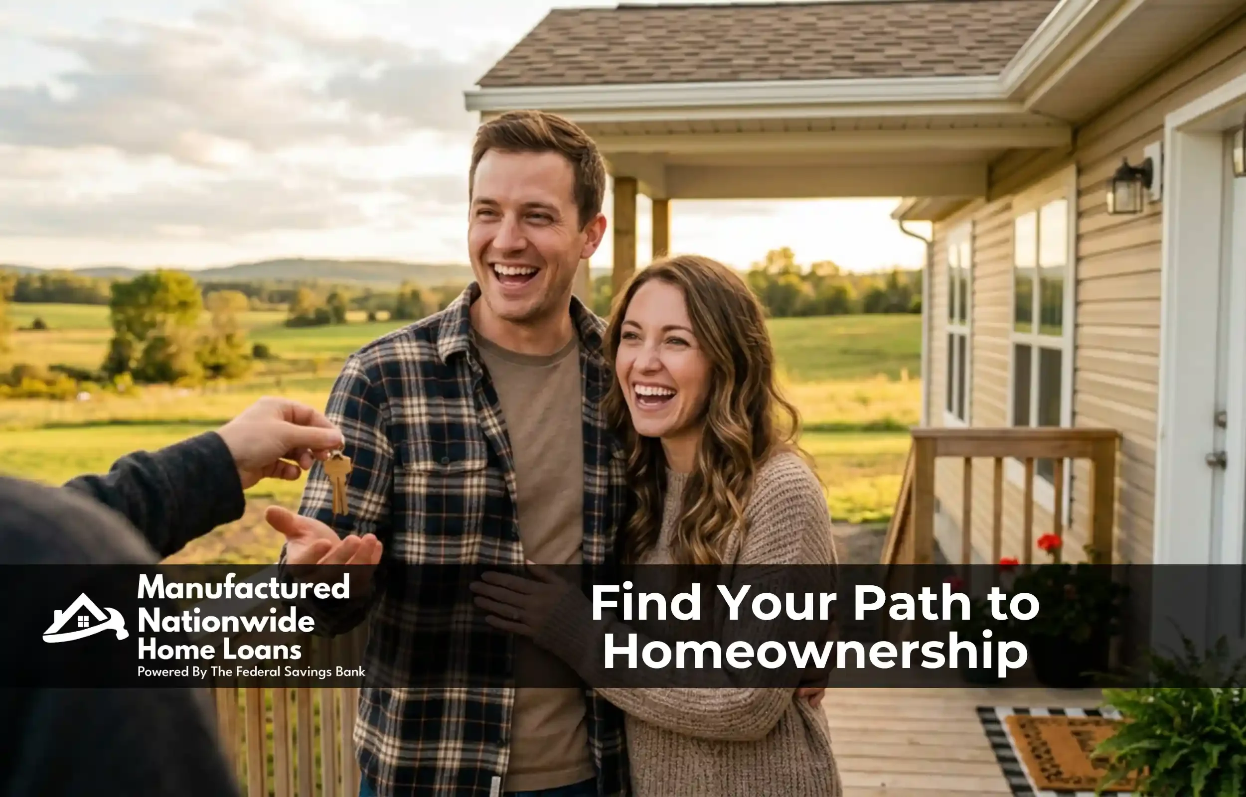 A couple receiving keys to their rural manufactured home, representing the path to USDA homeownership with Manufactured Nationwide Home Loans.