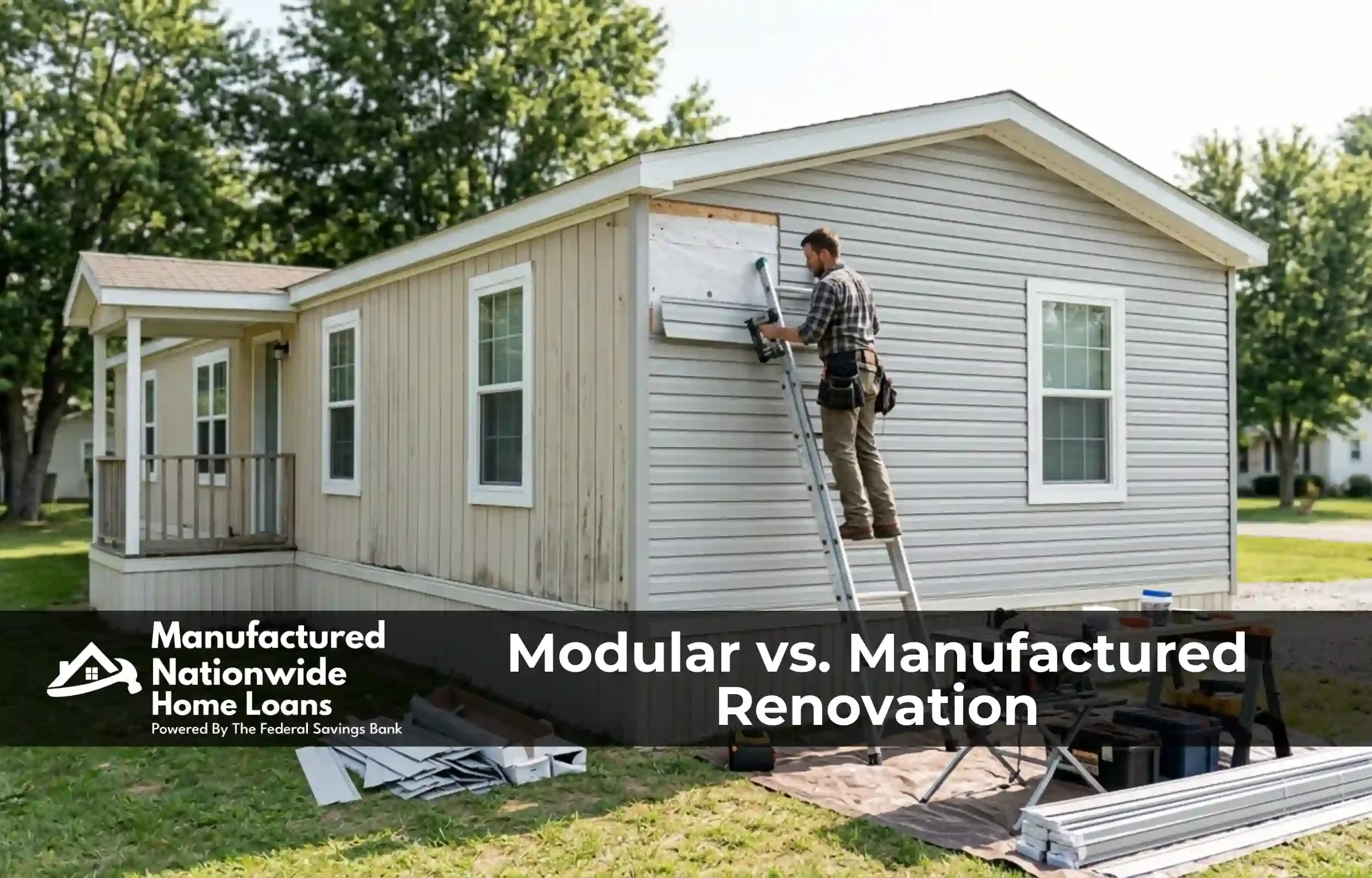 A manufactured home undergoing renovation with a contractor installing new siding, illustrating the renovation program options explained by ManufacturedNationwide.com.
