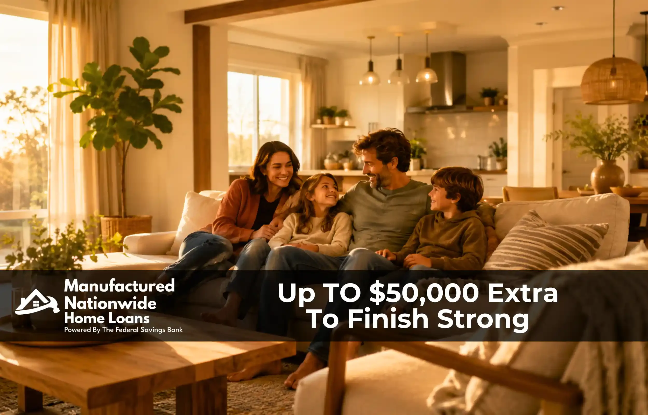 Furnished modular home interior at golden hour, showing what the $50,000 client consumer loan from ManufacturedNationwide.com helps complete.