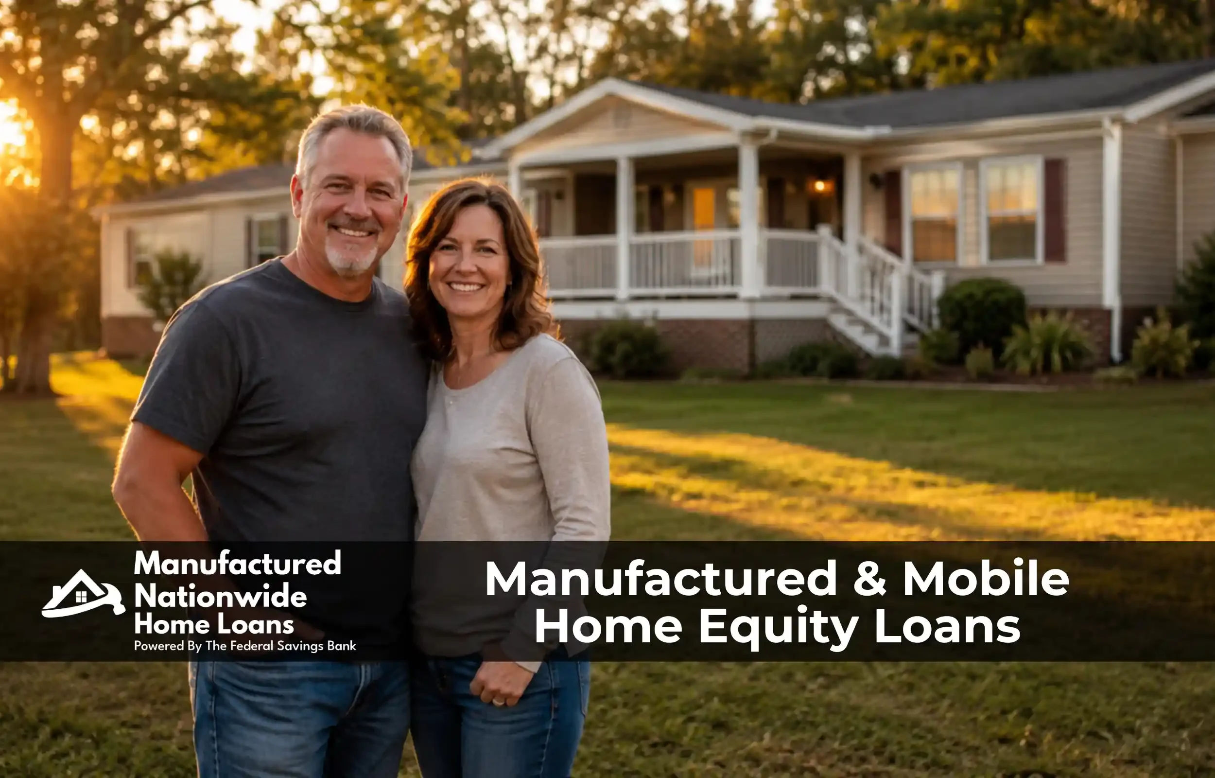 A homeowner couple standing in front of their doublewide manufactured home on owned land, representing the manufactured and mobile home equity loan, HELOC, and HELOAN options from Build Buy Refi Home Loans.
