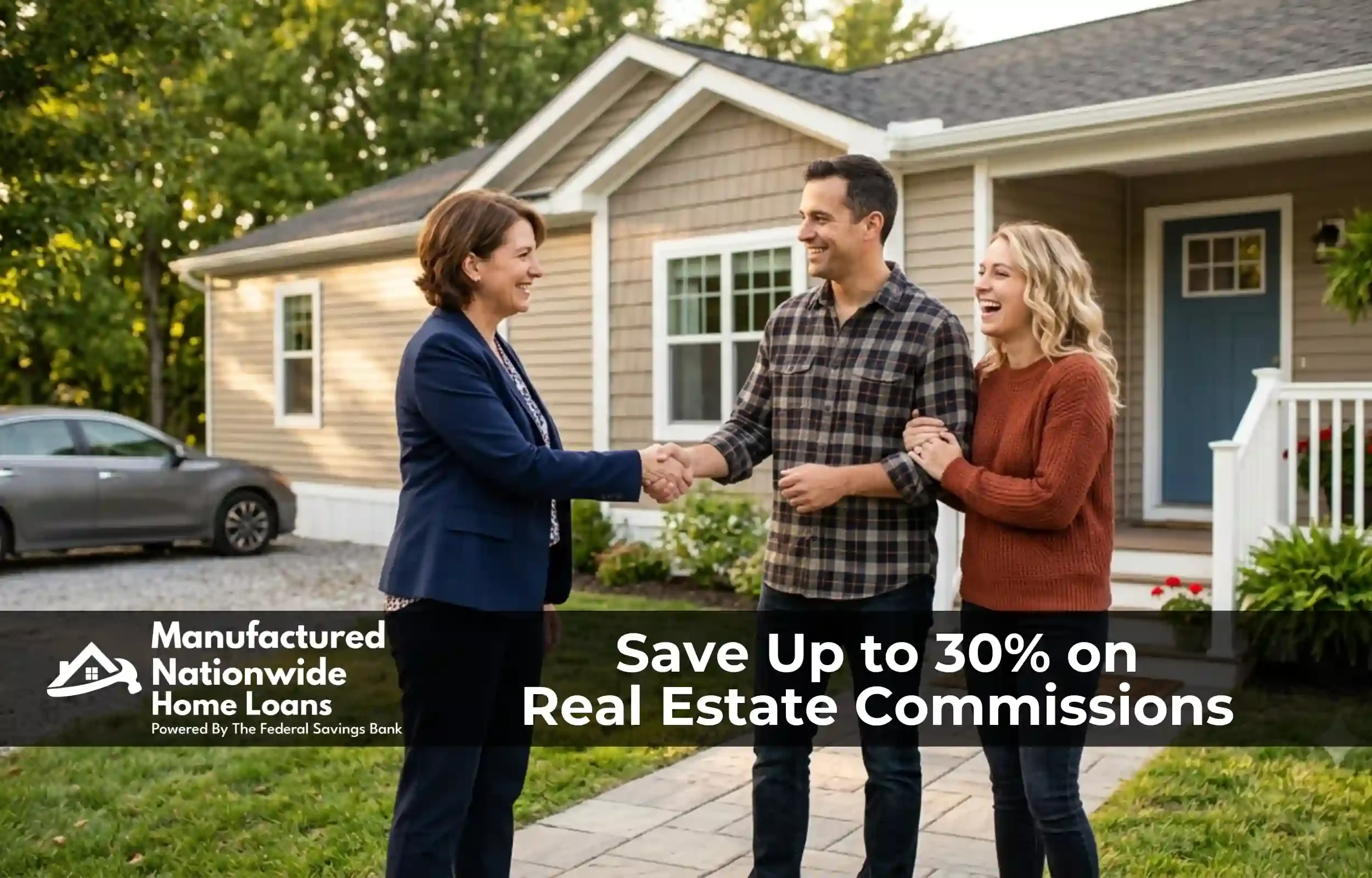 A real estate agent congratulating homebuyers at their manufactured home, representing the up-to-30% real estate commission savings program from ManufacturedNationwide.com.