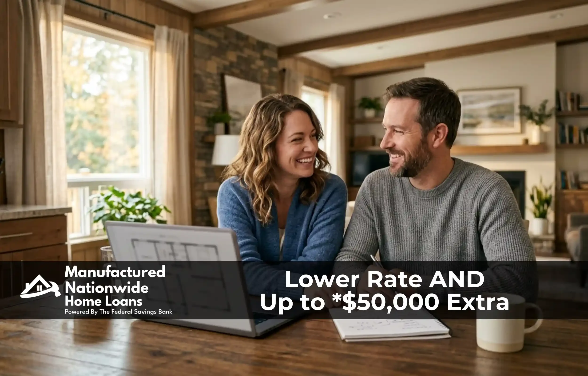 A couple planning their finances after refinancing, representing a lower rate plus up to $50,000 from the Consumer Loan at ManufacturedNationwide.com