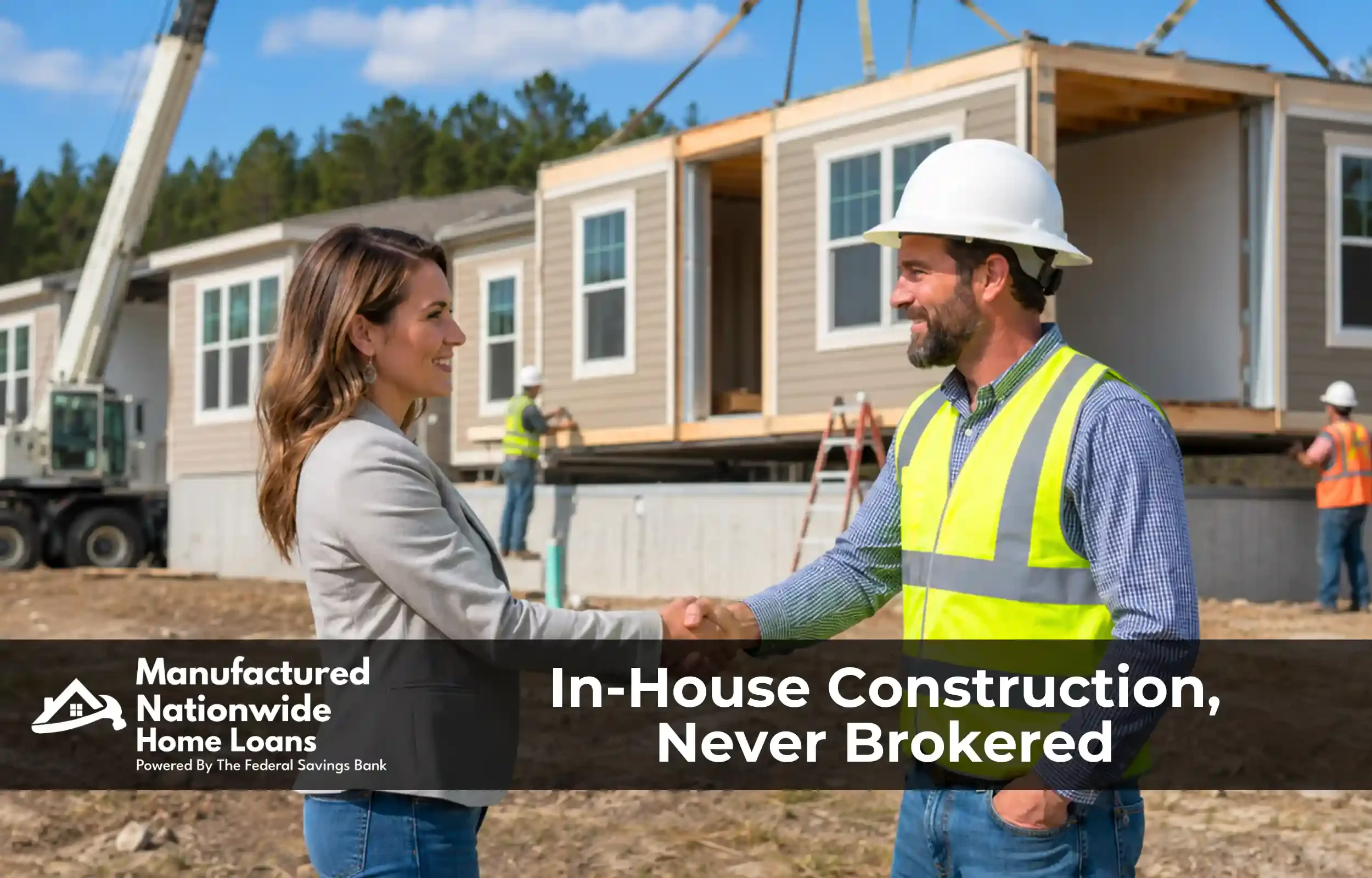 Loan officer and approved builder shaking hands on a construction site, the in-house construction team at Manufactured Nationwide Home Loans.