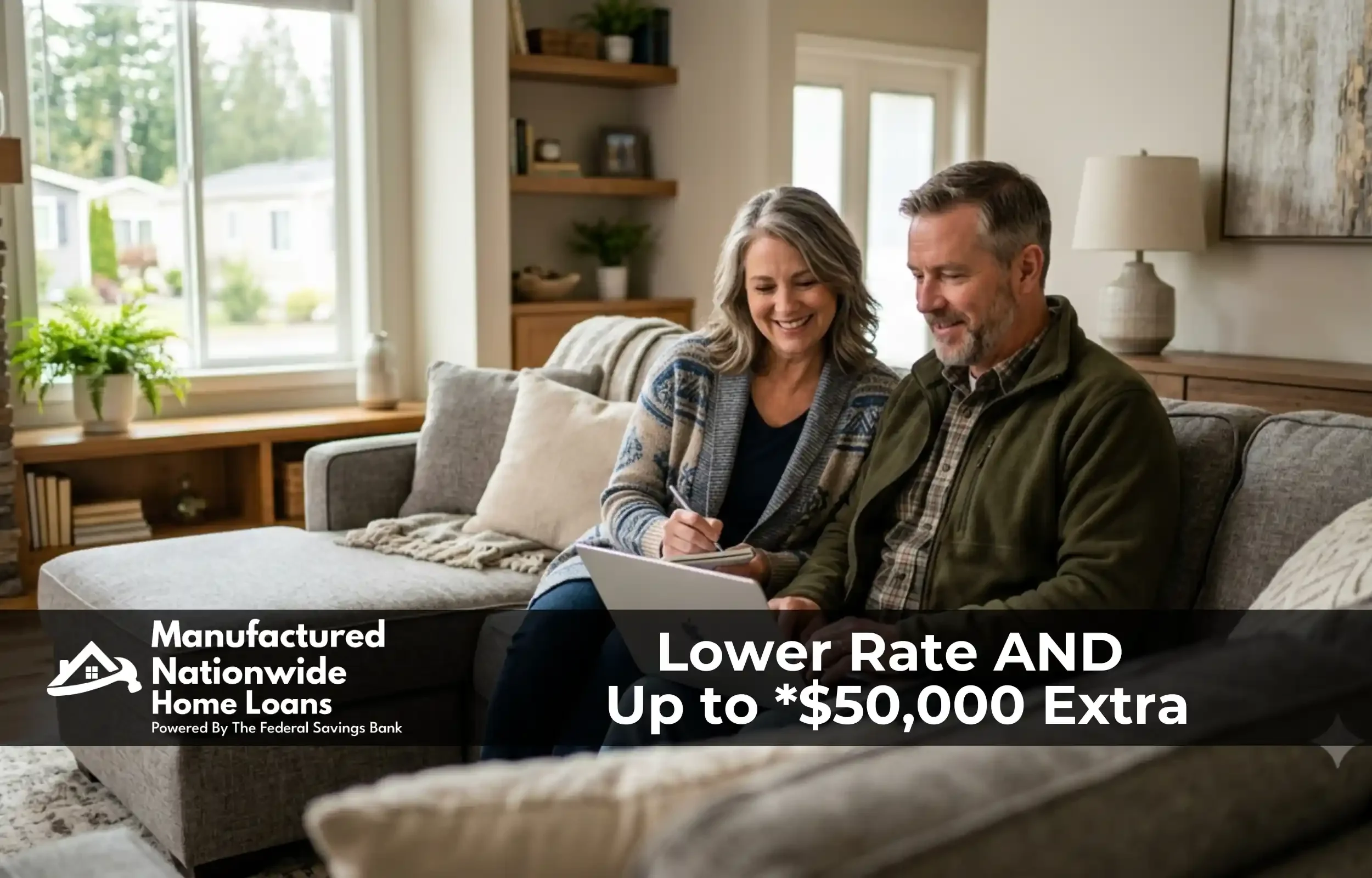 A veteran couple planning their finances in their manufactured home after a streamline refinance, representing a lower rate plus up to $50,000 from the Consumer Loan at ManufacturedNationwide.com