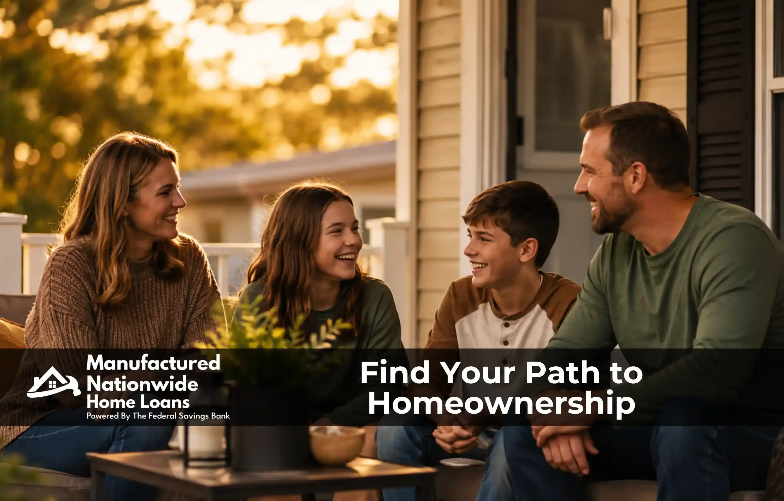 A happy family on the porch of their manufactured home, representing the path to homeownership with Manufactured Nationwide Home Loans.