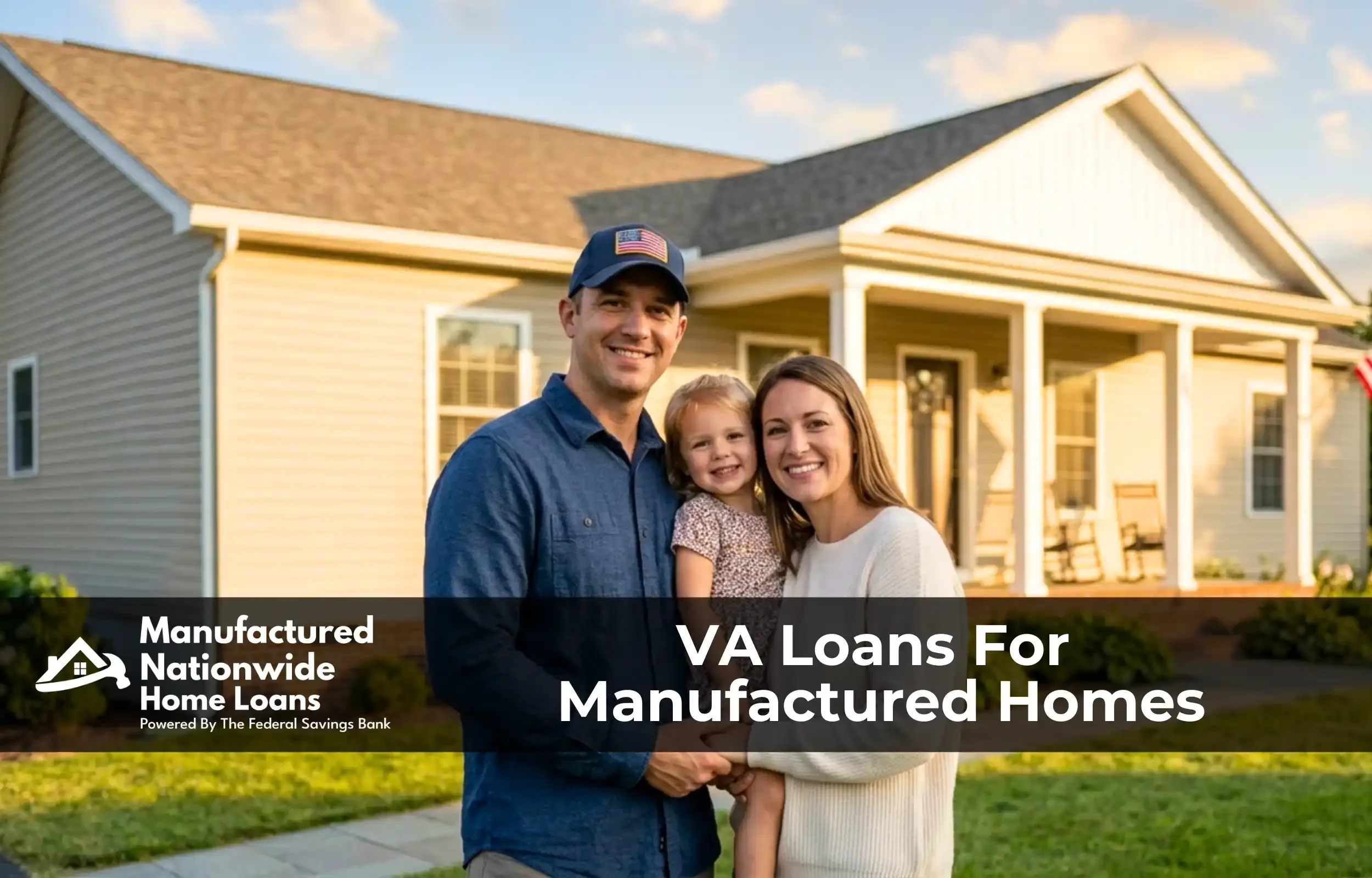 Veteran family standing in front of their manufactured home after qualifying for a VA loan through ManufacturedNationwide.com.