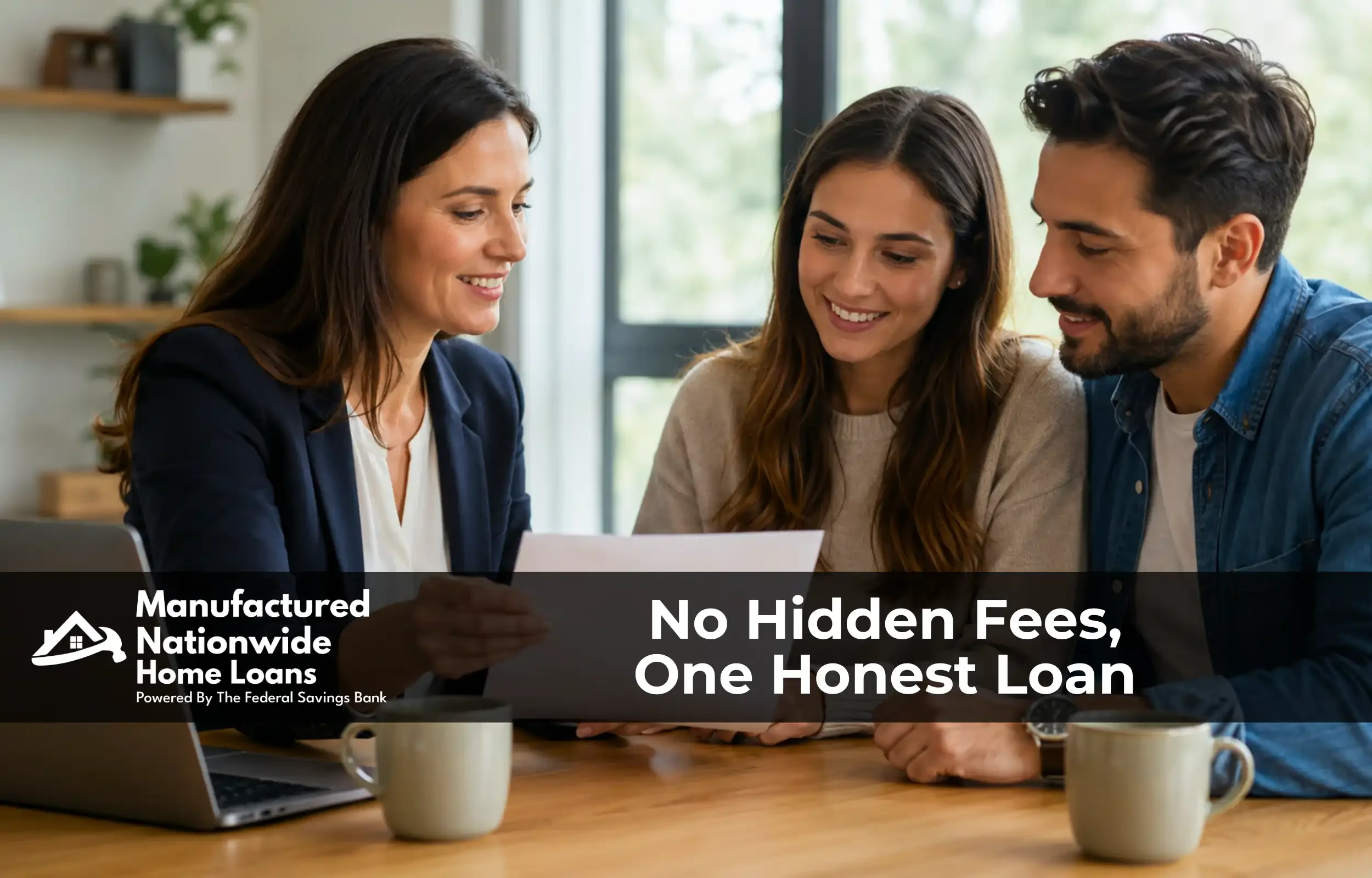 Loan officer transparently reviewing loan terms with a couple, the no hidden fee promise from Manufactured Nationwide Home Loans.