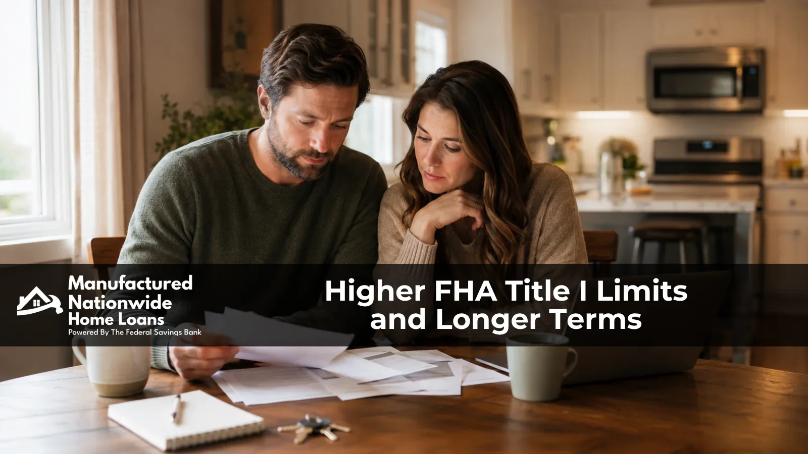 Couple reviewing manufactured home loan paperwork at their kitchen table, representing FHA Title I loan limit and term changes explained by Manufactured Nationwide Home Loans.
