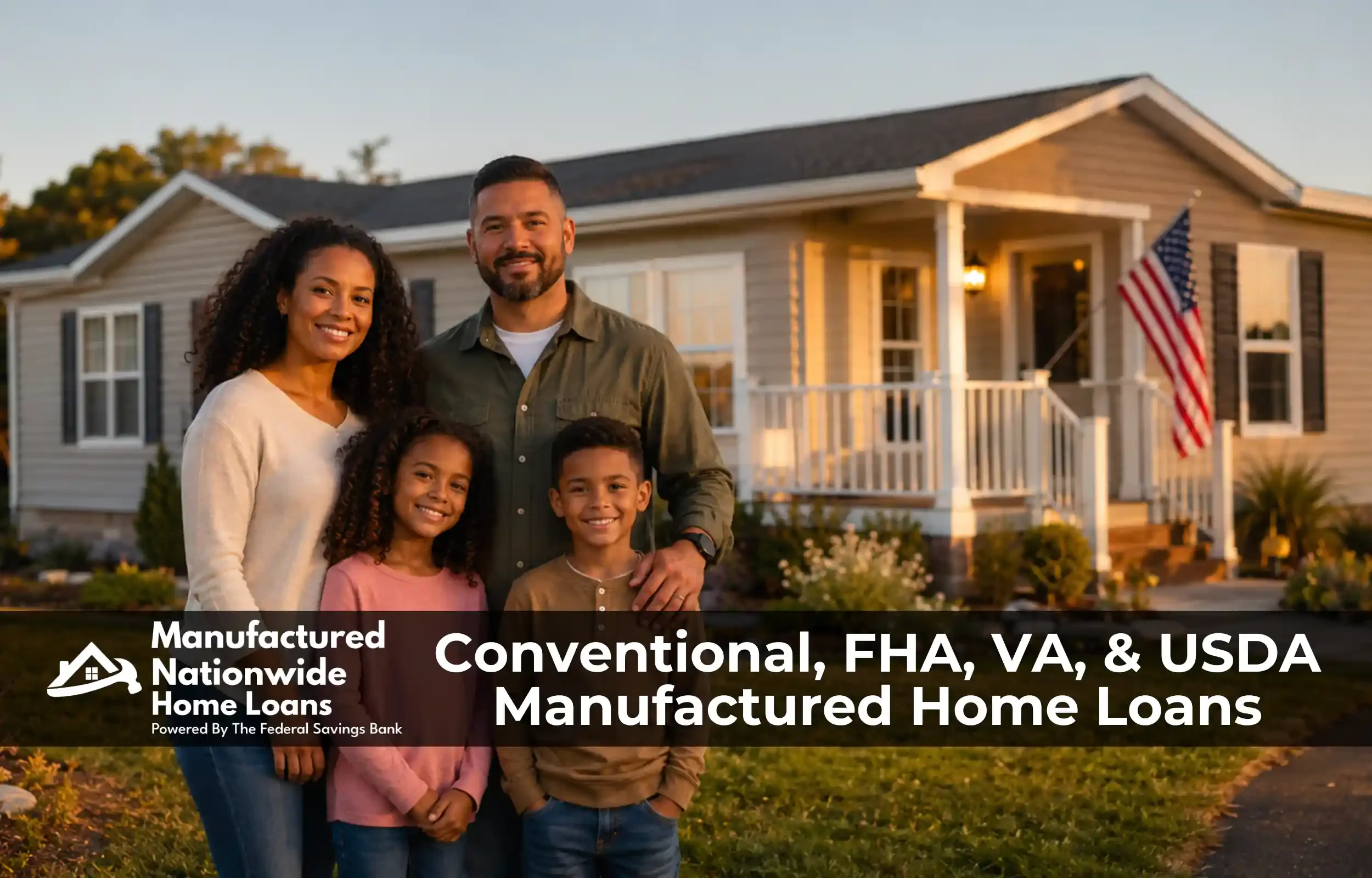 A veteran family with their 2 children standing in front of a manufactured home with an American Flag, representing the different loan types offered by Manufactured Nationwide Home Loans.