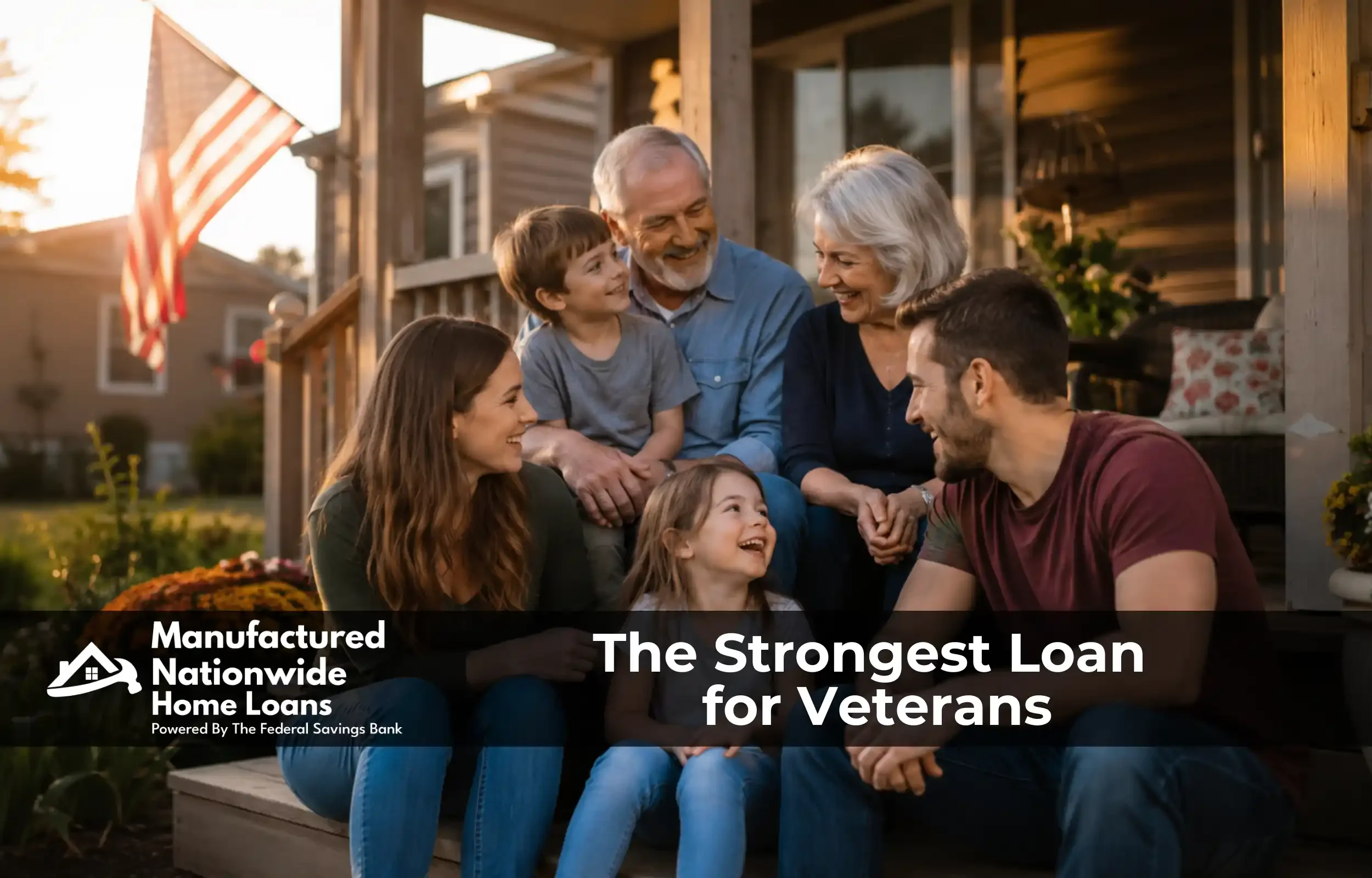 A family on the porch of their VA-financed manufactured home, representing the benefits of the best loan for veterans seeking a VA manufactured home loan from ManufacturedNationwide.com