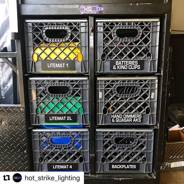 @hot_strike_lighting is killing the organization game with their new milk crate dividers. Check out their LED cart. #gaffer #keygrip #setlighting #litegear #milkcratesdivided #milkcratedivider #litegear #litegearled #iatse728