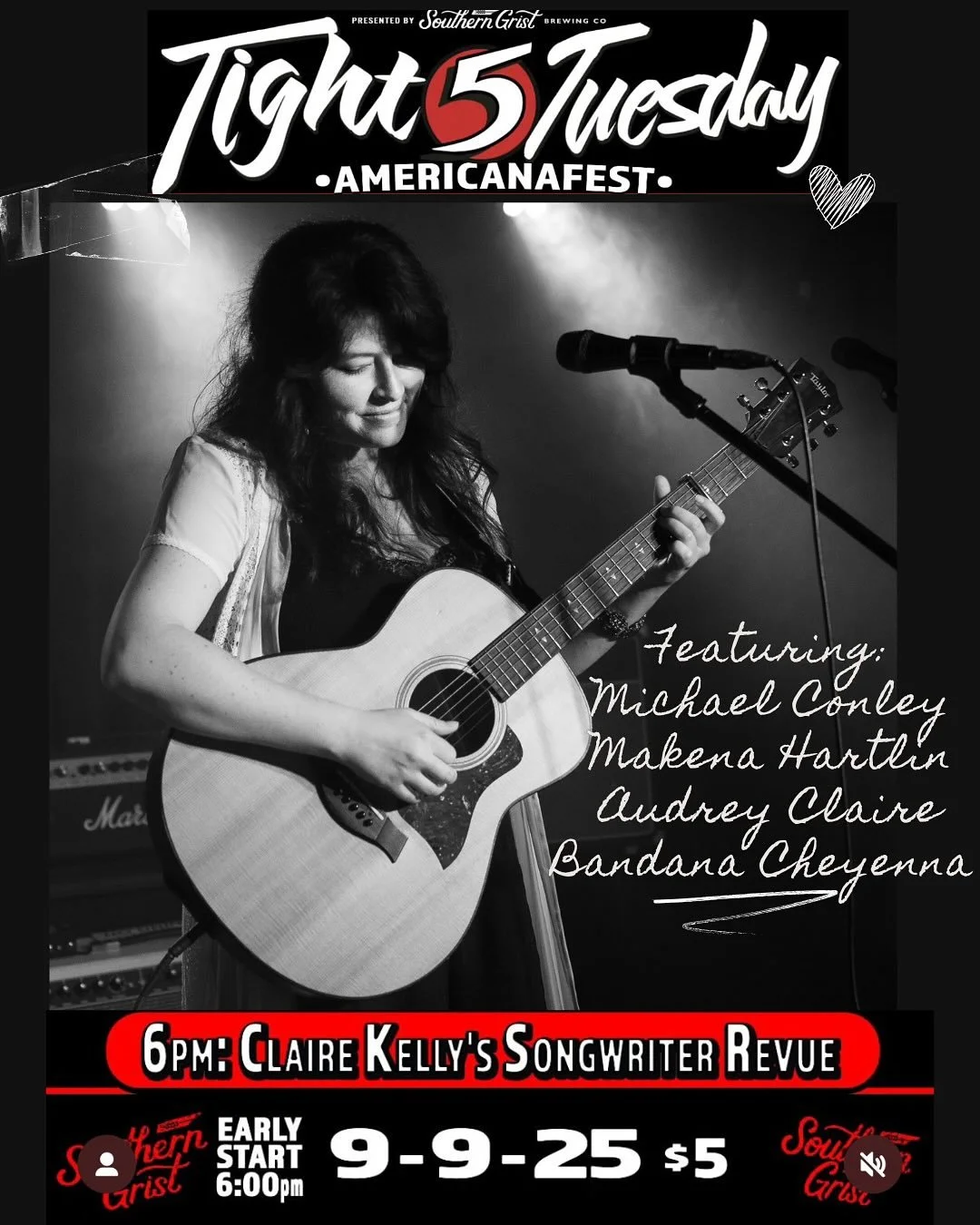 HAPPY ALMOST AMERICANAFEST WEEK! Thrilled to be hosting a songwriter showcase @the5spotnashville to kick off an amazing americana Tight 5 Tuesday. Come see some of my absolute favorite songwriters (and me!) at 6pm! @makenahartlin @isleepinmyjeans @th